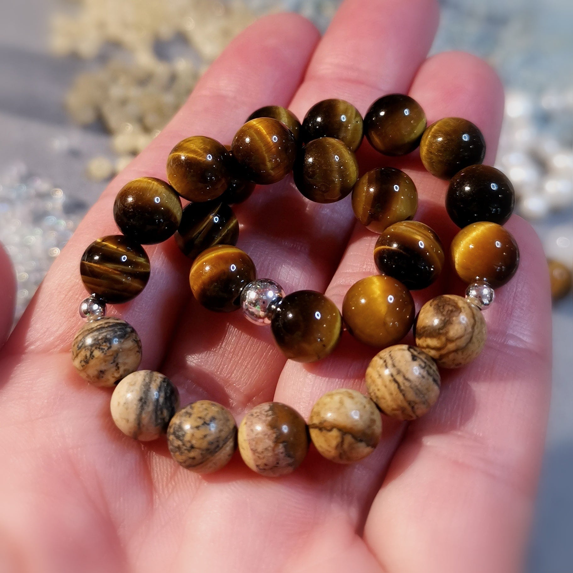 Tigerauge AA Heilstein mit Landschaftsjaspis, Karma Talisman Armband Solarplexus Chakra, Kraft der Inneren Sonne