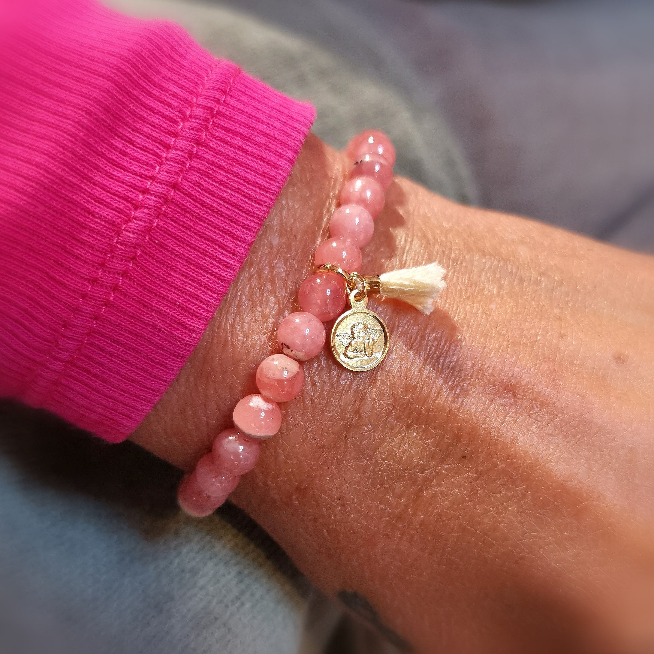 Rhodochrosit Edelstein Heilstein Schutzengel Karma Armband, Größe S / M, geweiht, #warmumsherz
