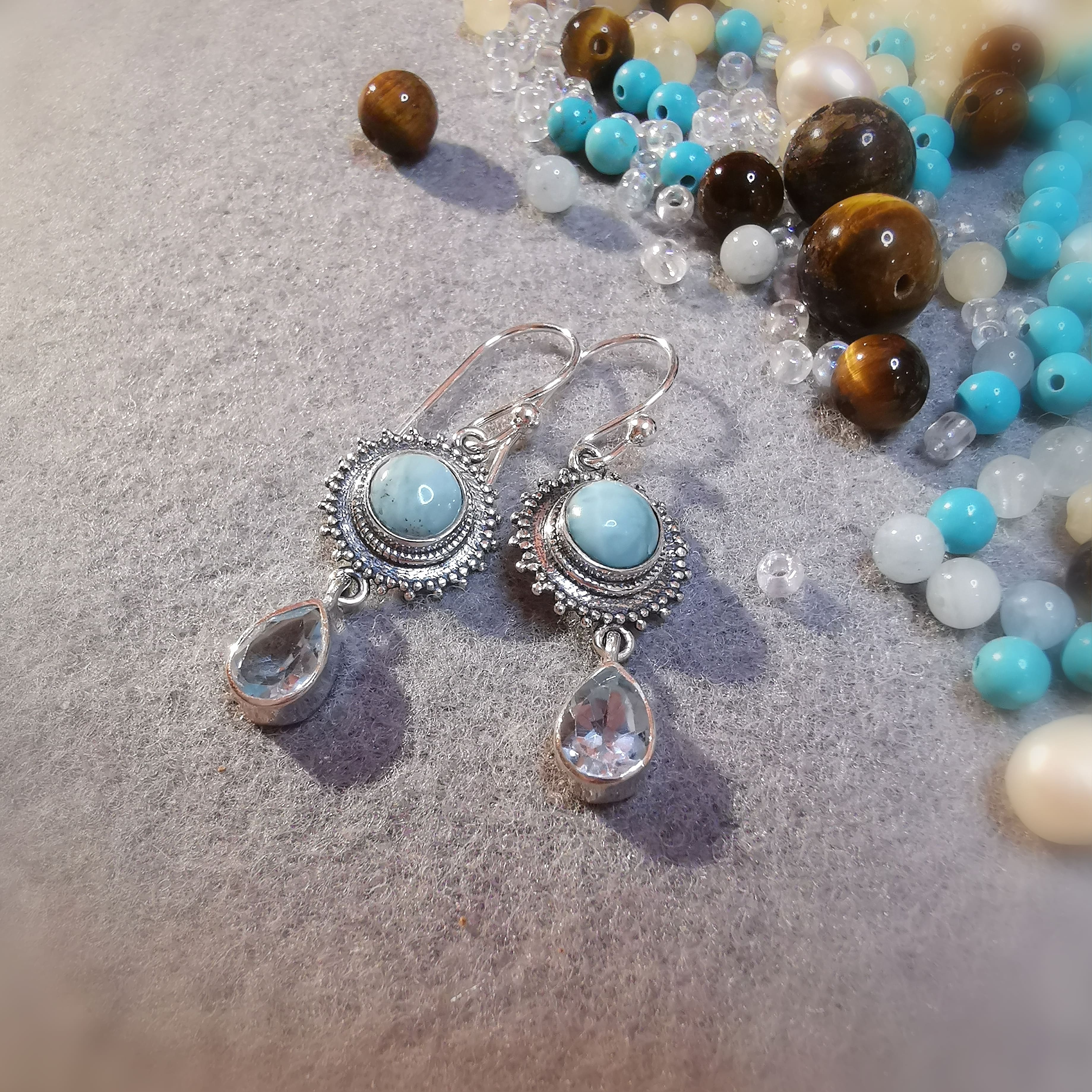 geweihte Larimar Aquamarin edel Edelstein Heilstein Ohrringe Ohrhänger Sterlingsilber - Leichtigkeit und Freiheit