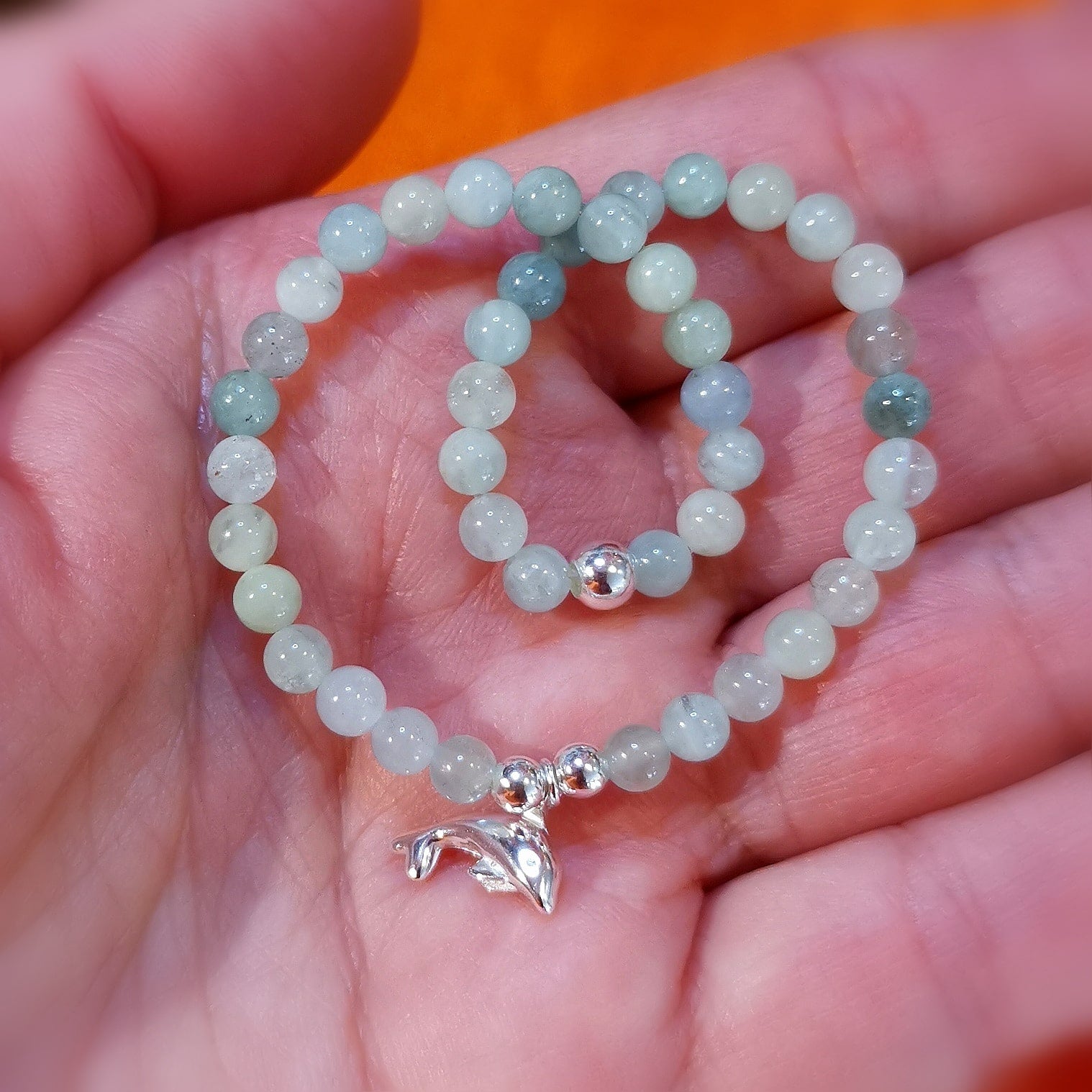 geweihtes Delfin Aquamarin Edelstein Karma Armband, grüner Lagunen Wasser Heilstein, Engel der Meere