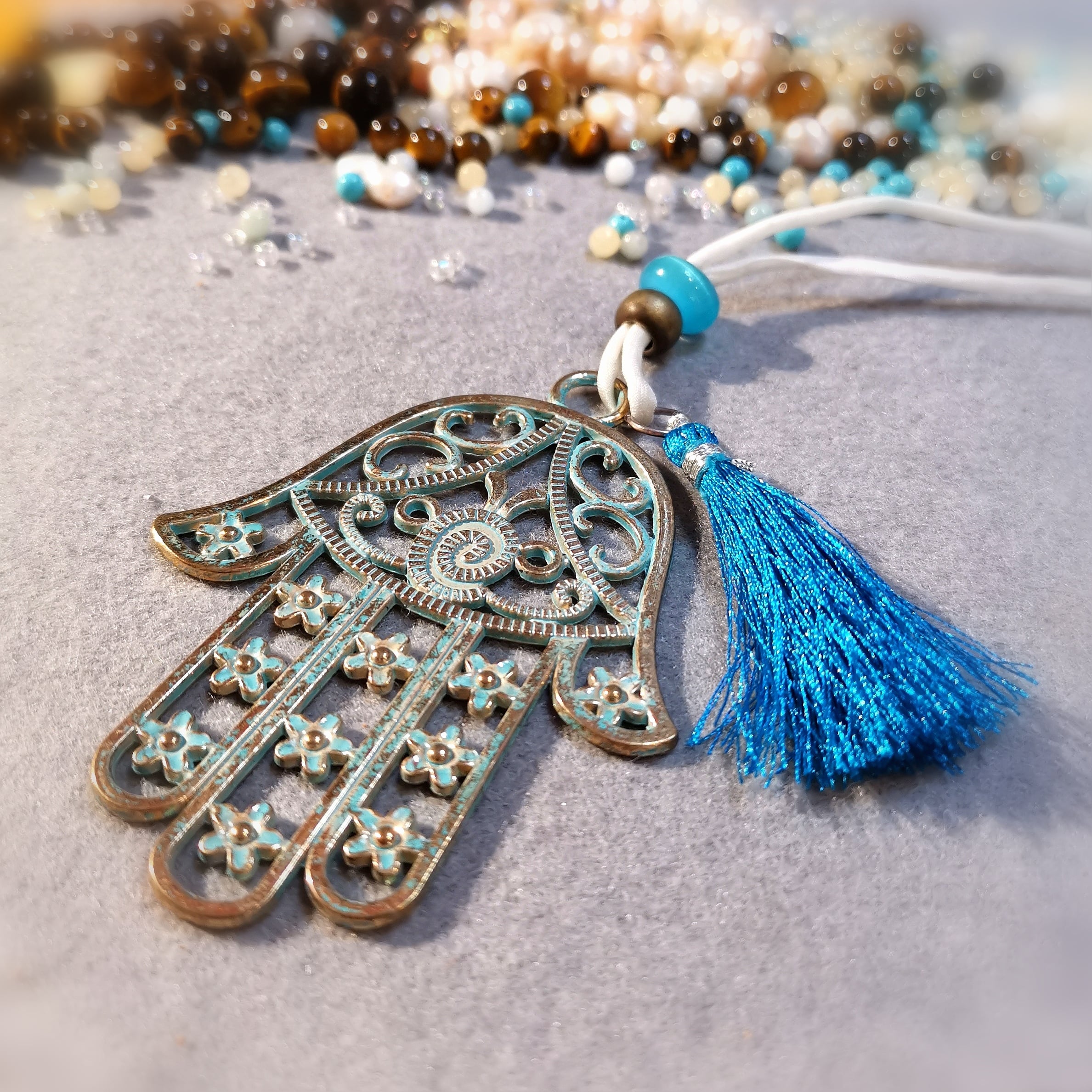 Heilende Hand Fatimas: Boho Seide Bijou Kette, Messing, Murano Glas, XL, das Leben feiern