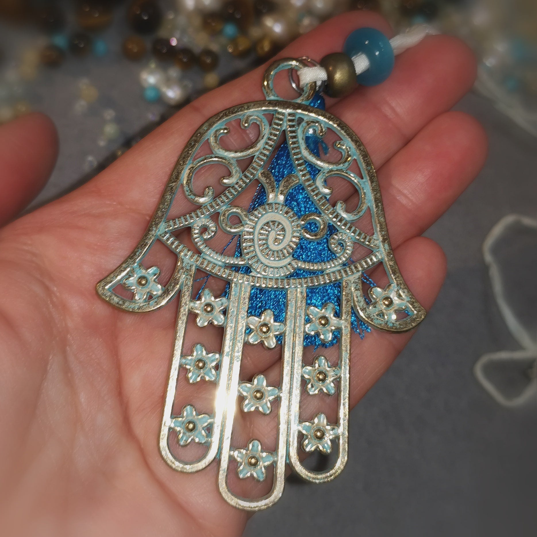 Heilende Hand Fatimas: Boho Seide Bijou Kette, Messing, Murano Glas, XL, das Leben feiern