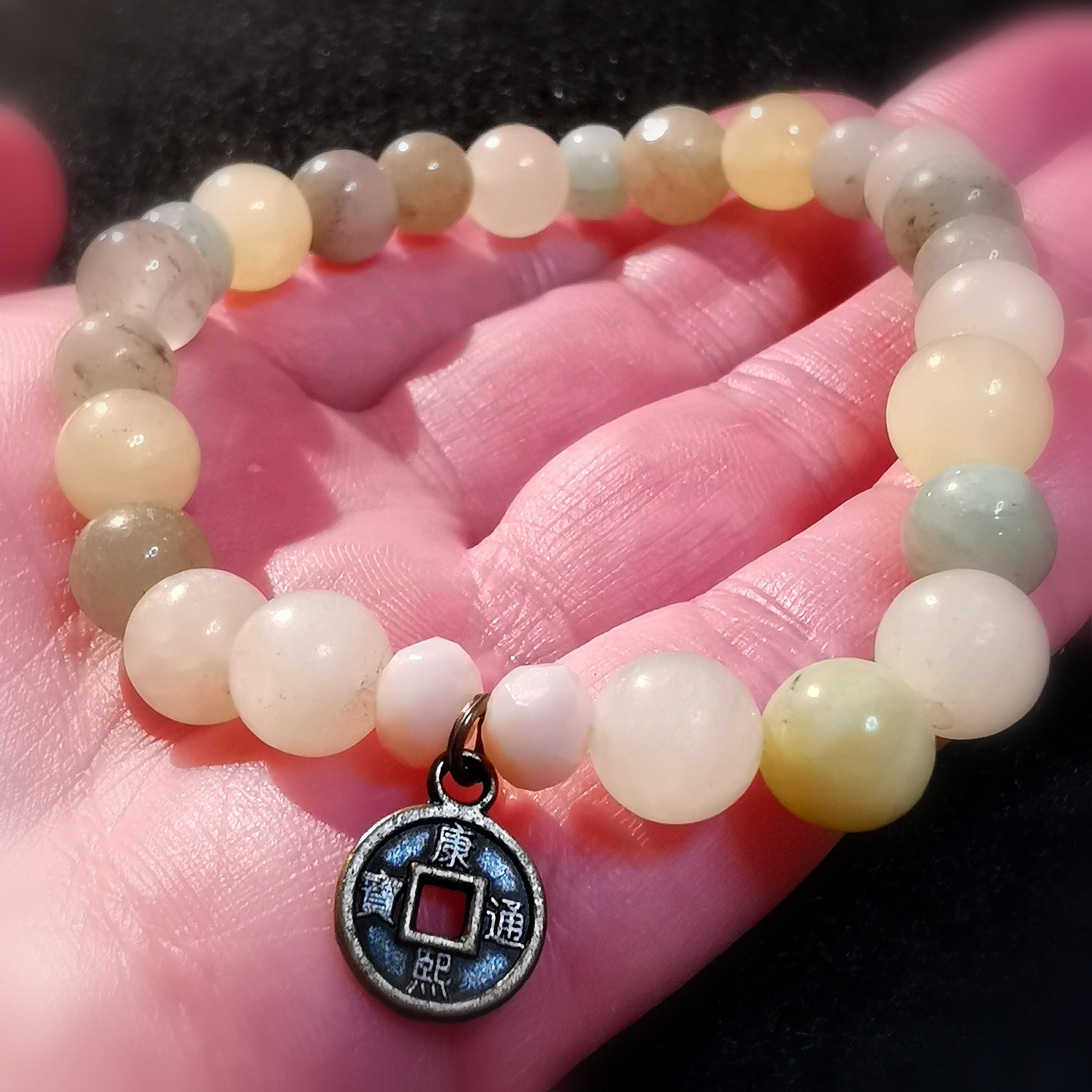 Unikat Heilstein Mix Karma Armband made with love, Größe M, Pastell Farben, Hippie Boho Heilstein Armbändchen lebe liebe lache