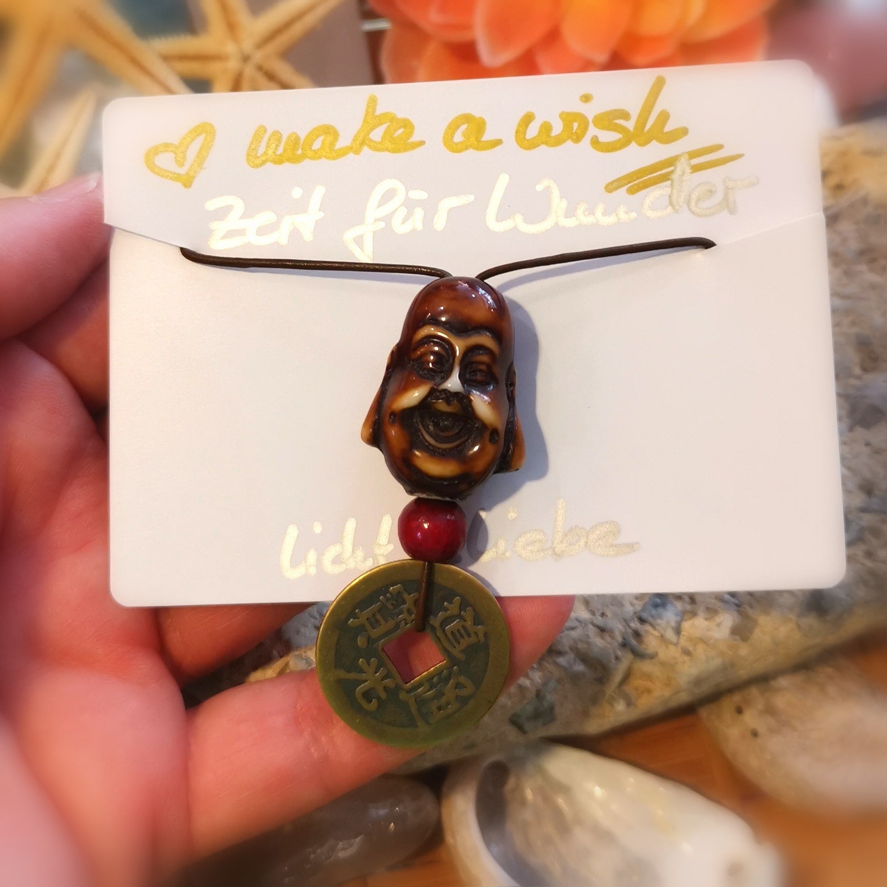 Buddha Glücksmünze Charm, Karma Schmuck Geschenk / Schlüsselanhänger, make a wish, Lebensfreude