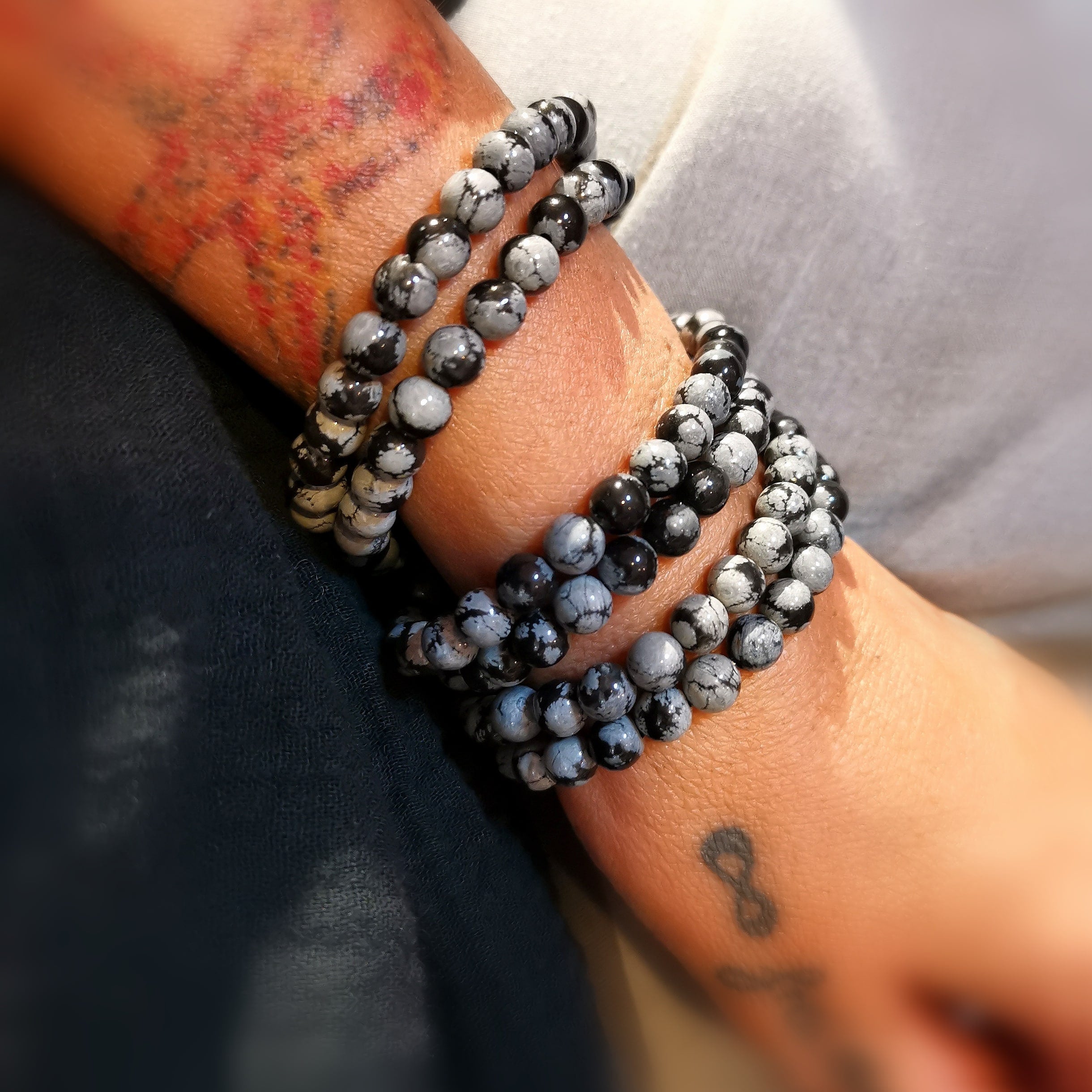 Schneeflocken Obsidian Edelstein Heilstein Karma Armband unisex, aura wellness, Klarheit und Schutz