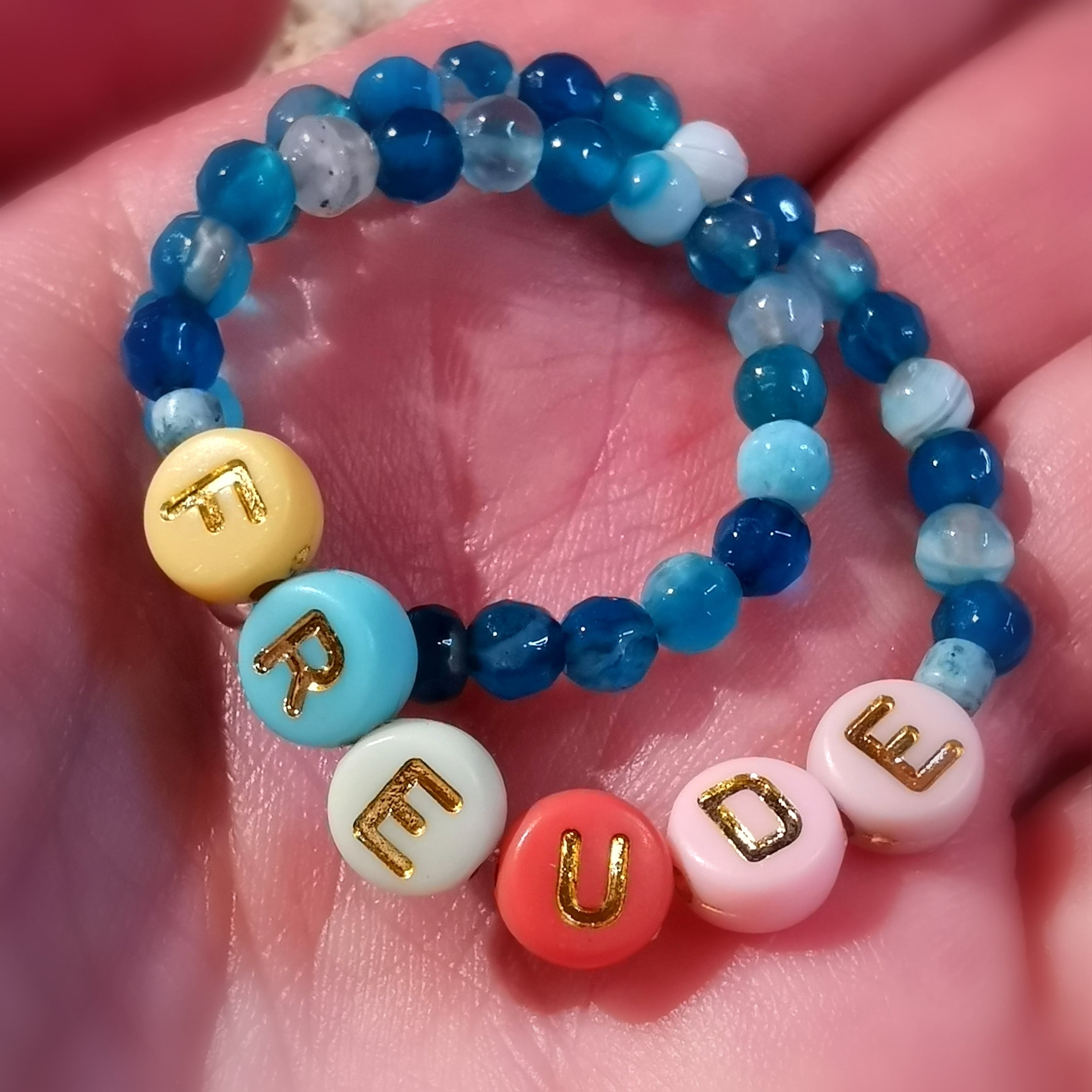 Achat Blau, "stille Worte" Heilstein Edelstein Karma Armband, Glücksachat geweiht, Freude Freude Freude