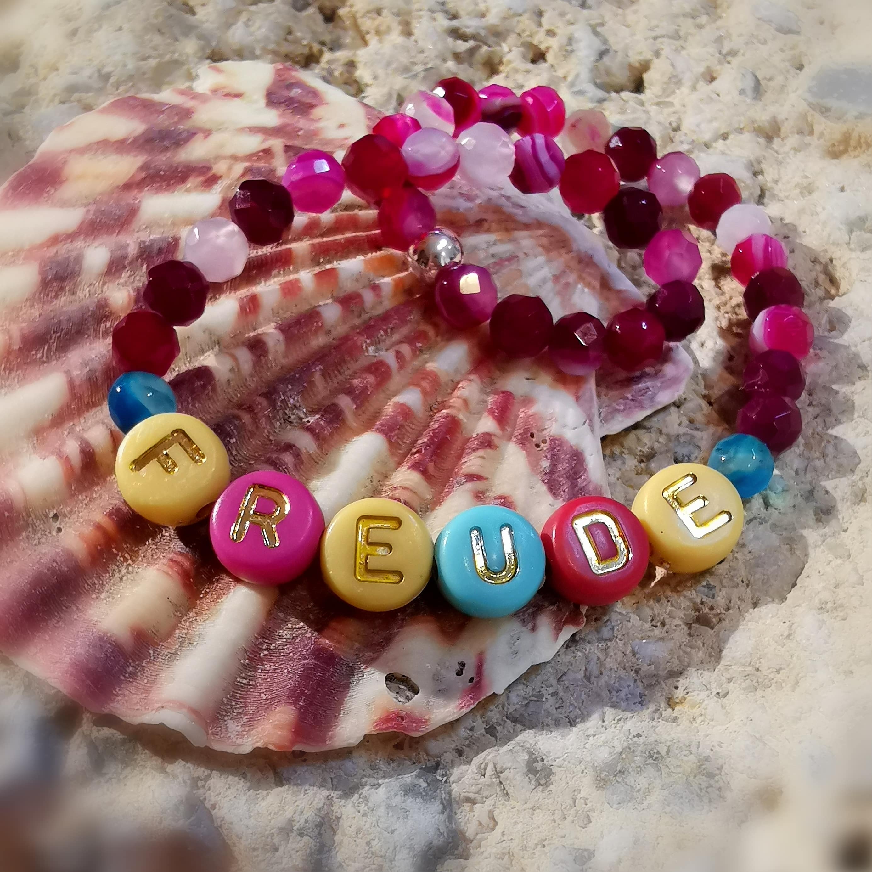 Achat PINK, "stille Worte" Heilstein Edelstein Karma Armband, Glücksachat geweiht, Freude Freude Freude