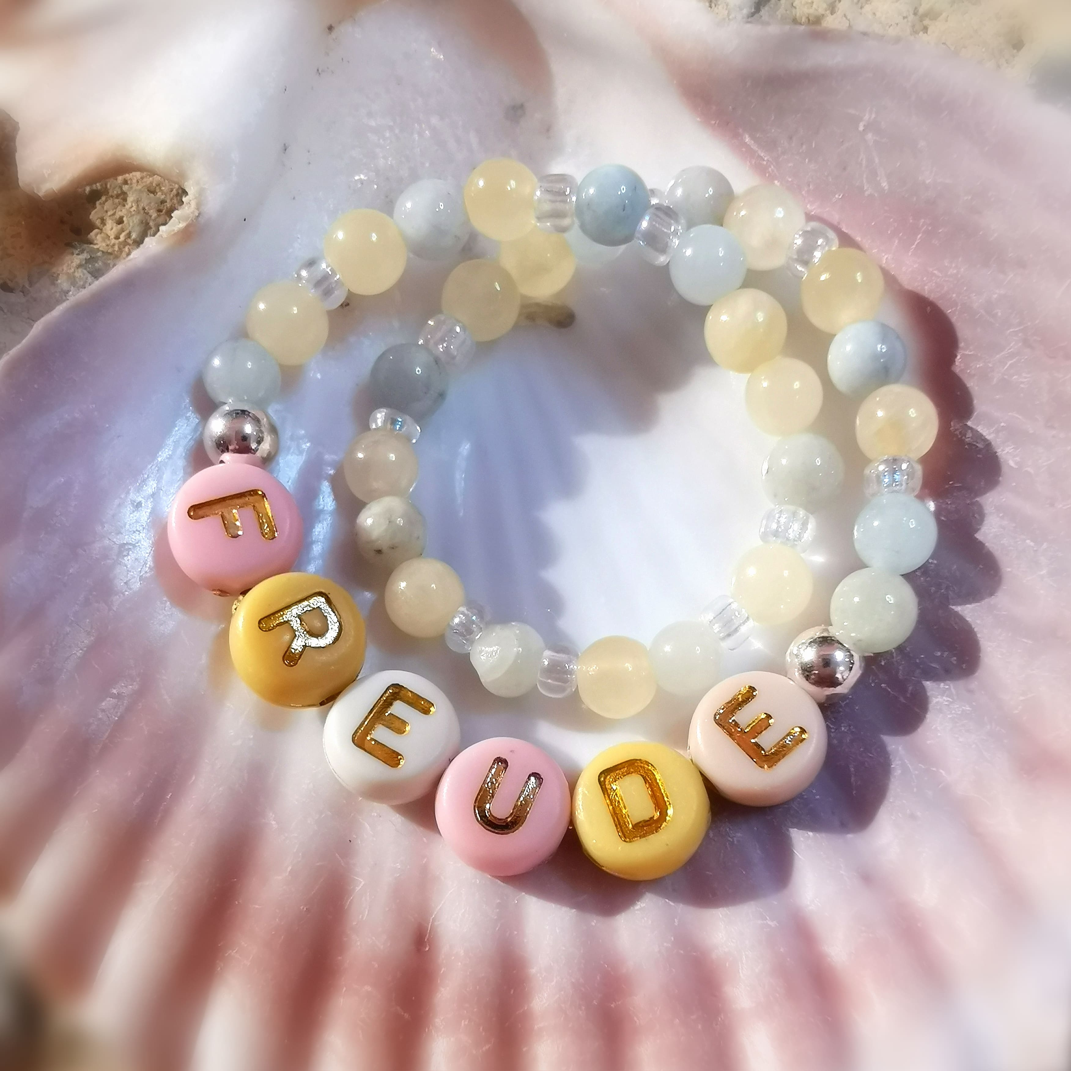 Aquamarin Beryll Orangencalcit "stille Worte" Heilstein Edelstein Karma Armband, geweiht, Freude Freude Freude