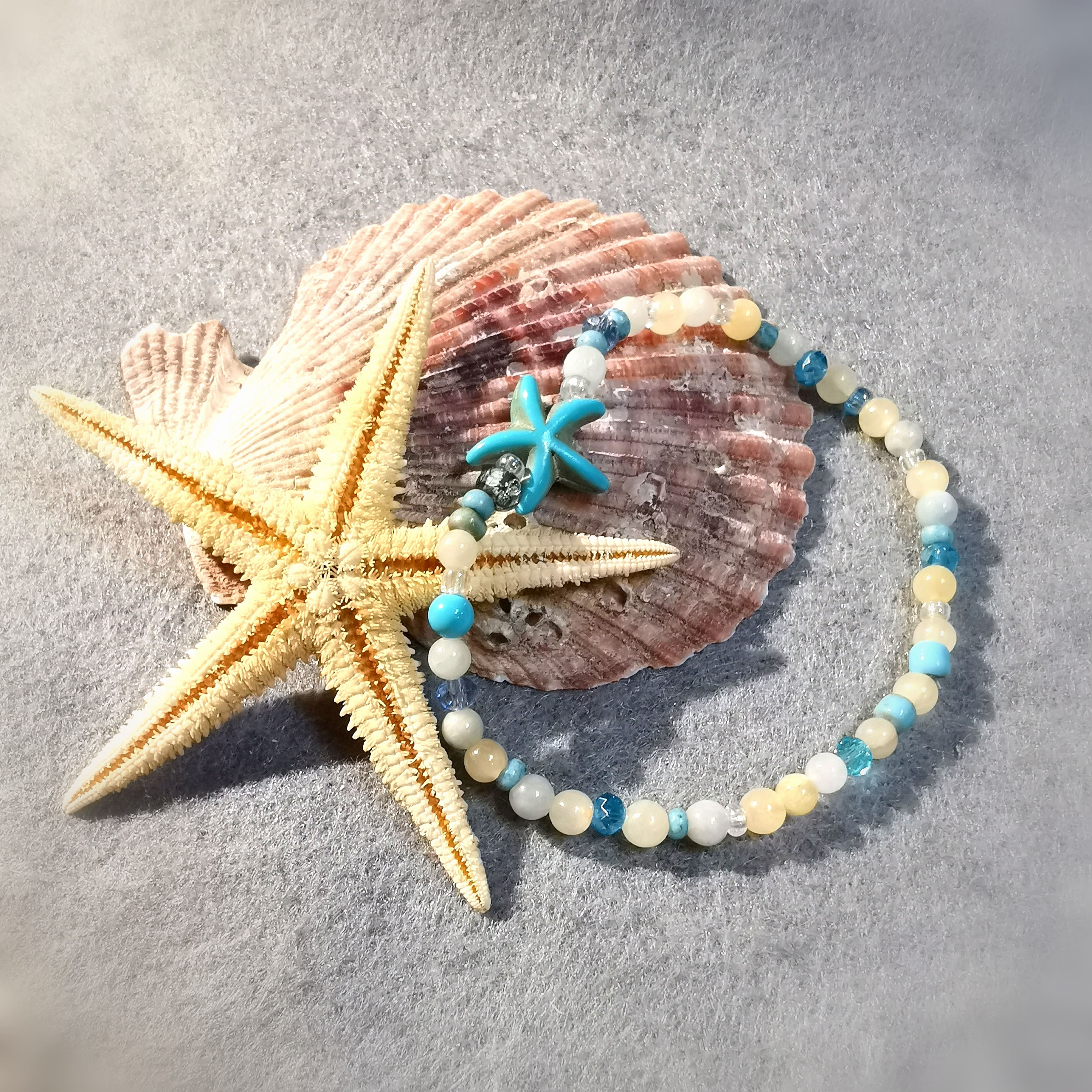 Aquamarin Beryll Türkis Orangencalcit Kristall Seestern Karma Armband, Boho Edelstein Heilstein Schmuck, Wunder des Lebens