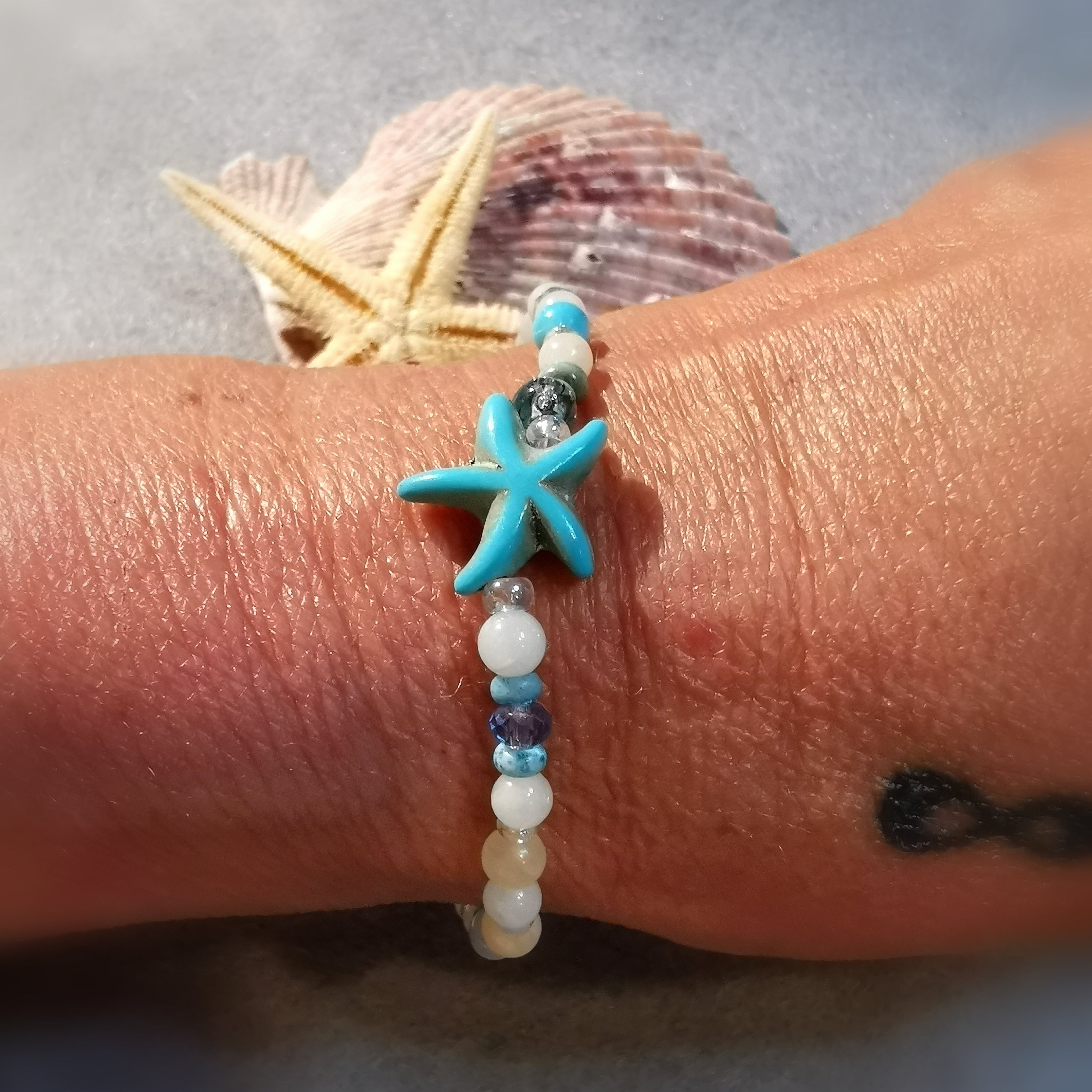 Aquamarin Beryll Türkis Orangencalcit Kristall Seestern Karma Armband, Boho Edelstein Heilstein Schmuck, Wunder des Lebens