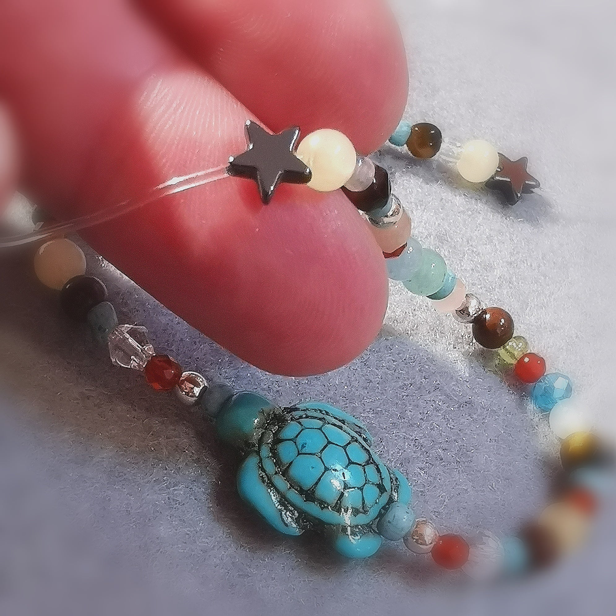 Schildkröte Wasserschildkröte Edelstein Mix Karma Armband, 19 cm, L / XL, Boho Schmuck geweiht, Frieden und Freiheit