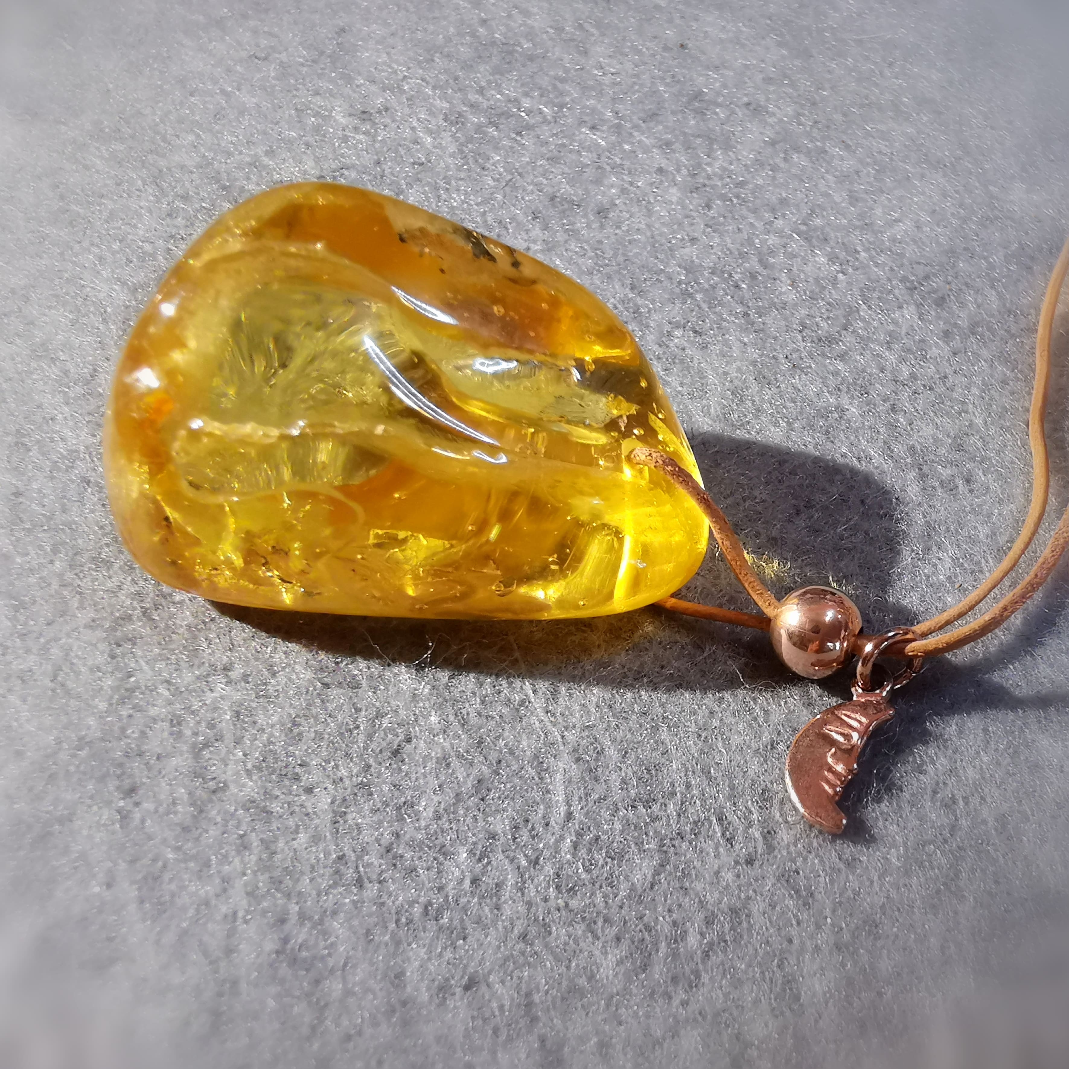 Bernstein Edelstein Neumond Leder Karma Kette, geweiht, rose vergoldet, geweiht mit Licht und Liebe, Himmel und Erde
