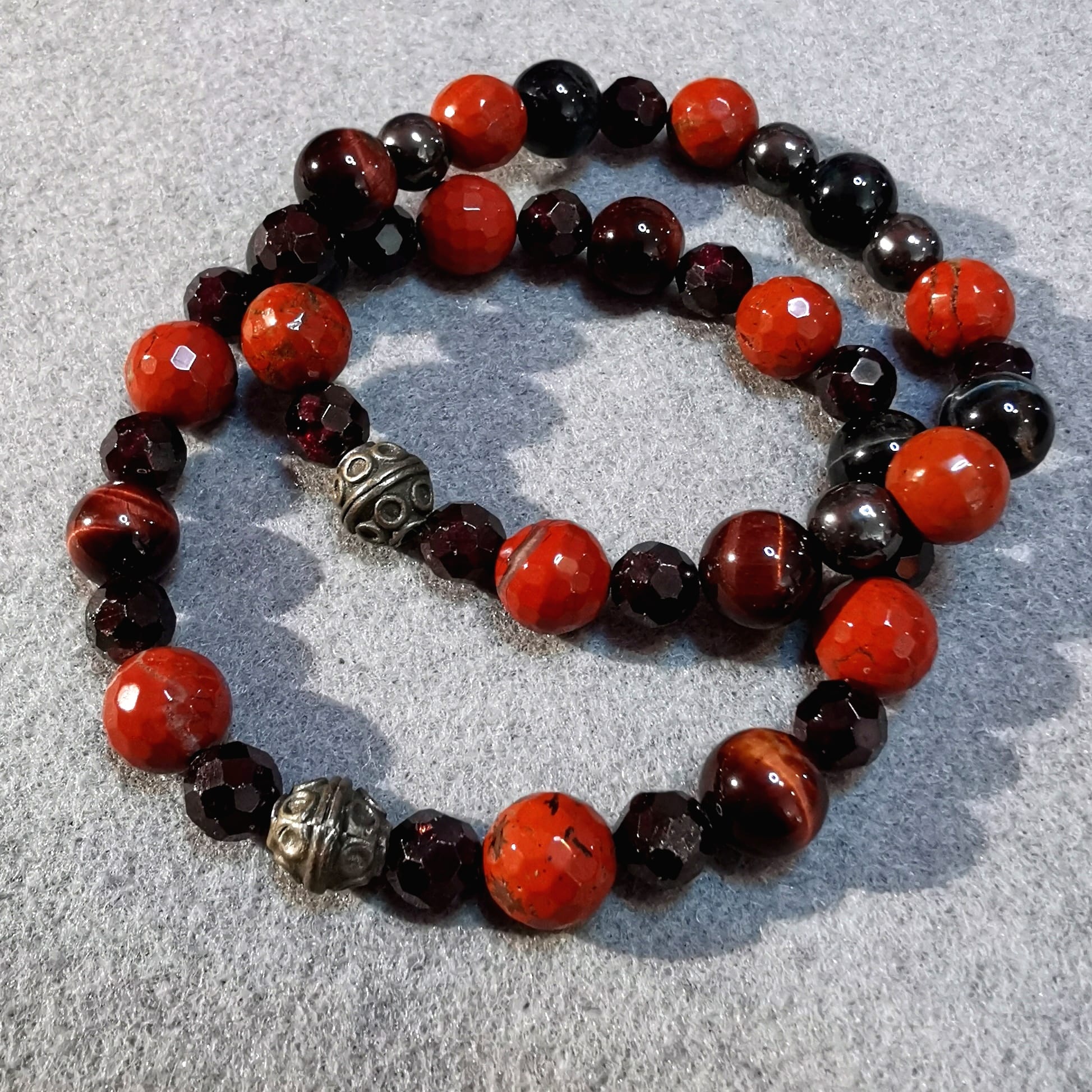 Granat Hämatit Jaspis Falkenauge Paar Schmuck Armband Set, 2 Karma Armbänder, geweiht, Liebe und Freundschaft