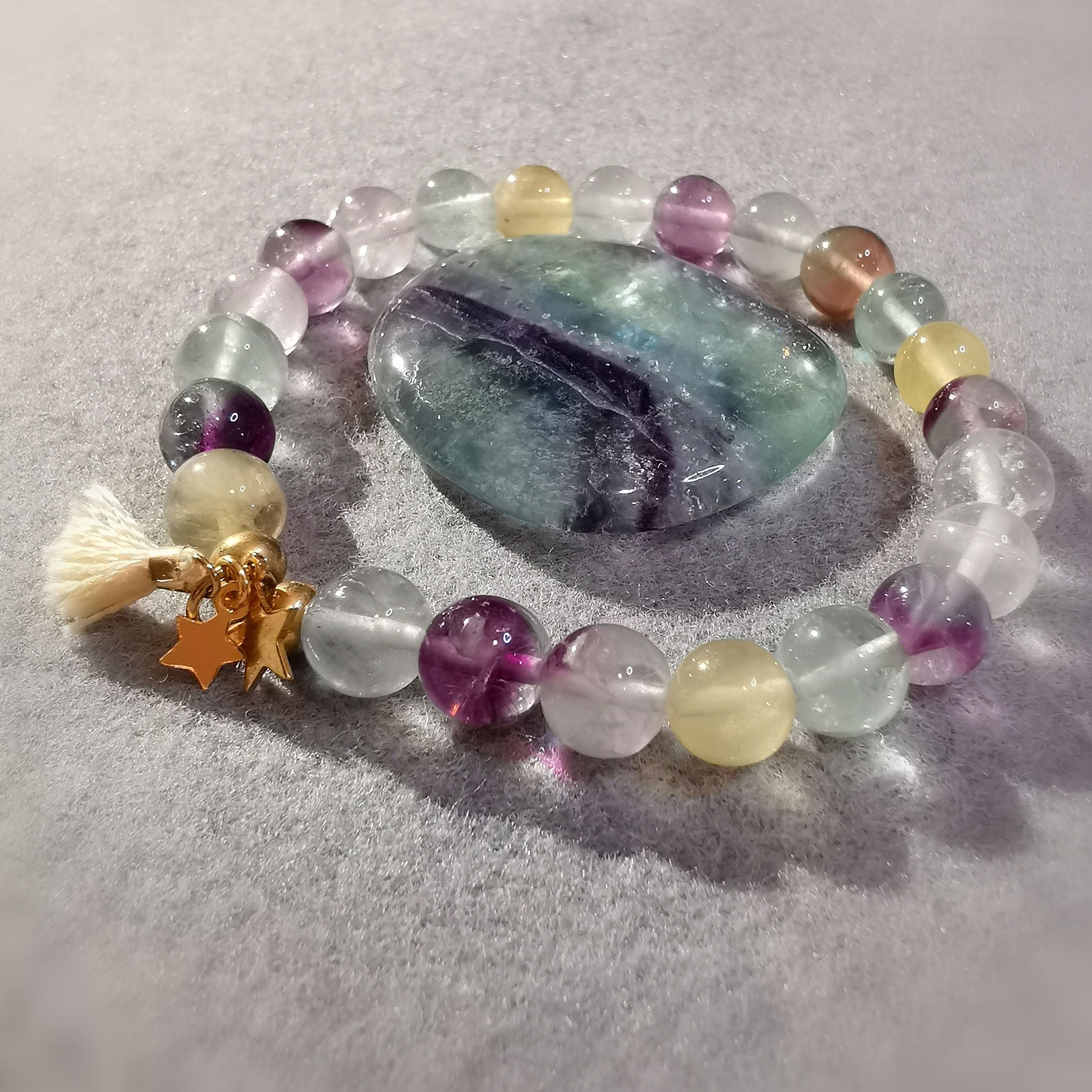 Regenbogen Fluorit Edelstein Heilstein Karma Set, Handschmeichler und Seestern Karma Armband, geweiht mit Licht und Liebe