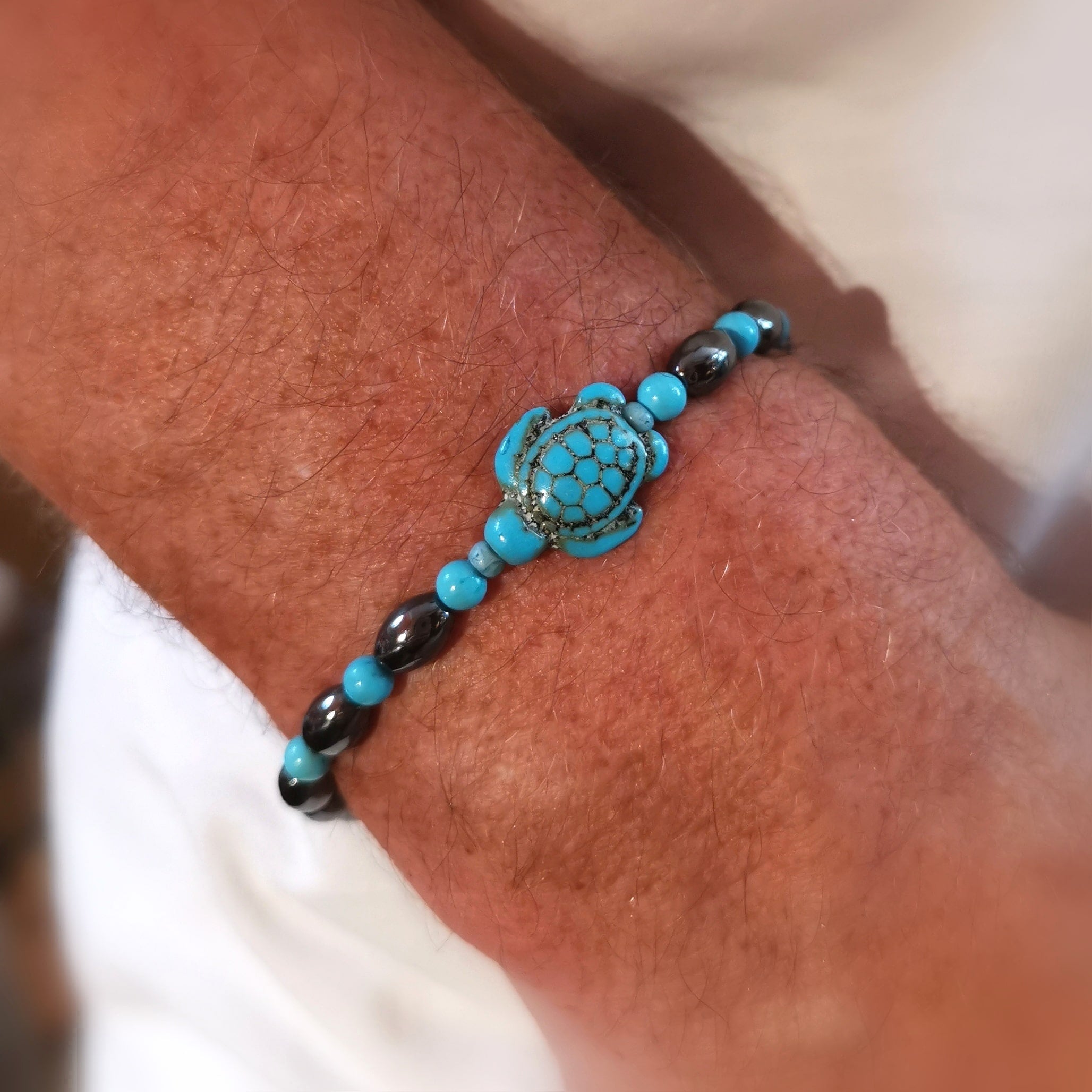 Schildkröte Wasserschildkröte Hämatit Tibet Türkis Edelstein Karma Armband Größe L/XL, Chakra Krafttier Schmuck geweiht, Kraft und Leichtigkeit