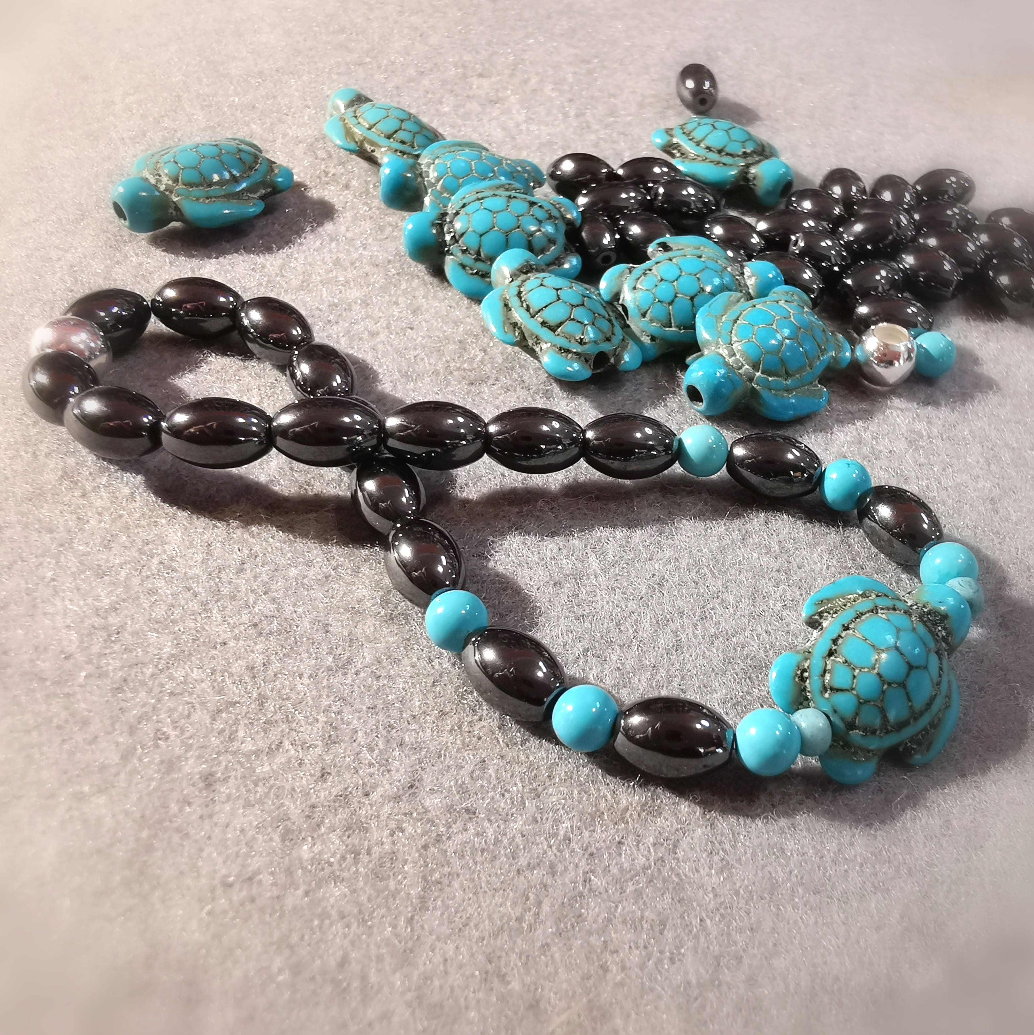 Schildkröte Wasserschildkröte Hämatit Tibet Türkis Edelstein Karma Armband Größe L/XL, Chakra Krafttier Schmuck geweiht, Kraft und Leichtigkeit