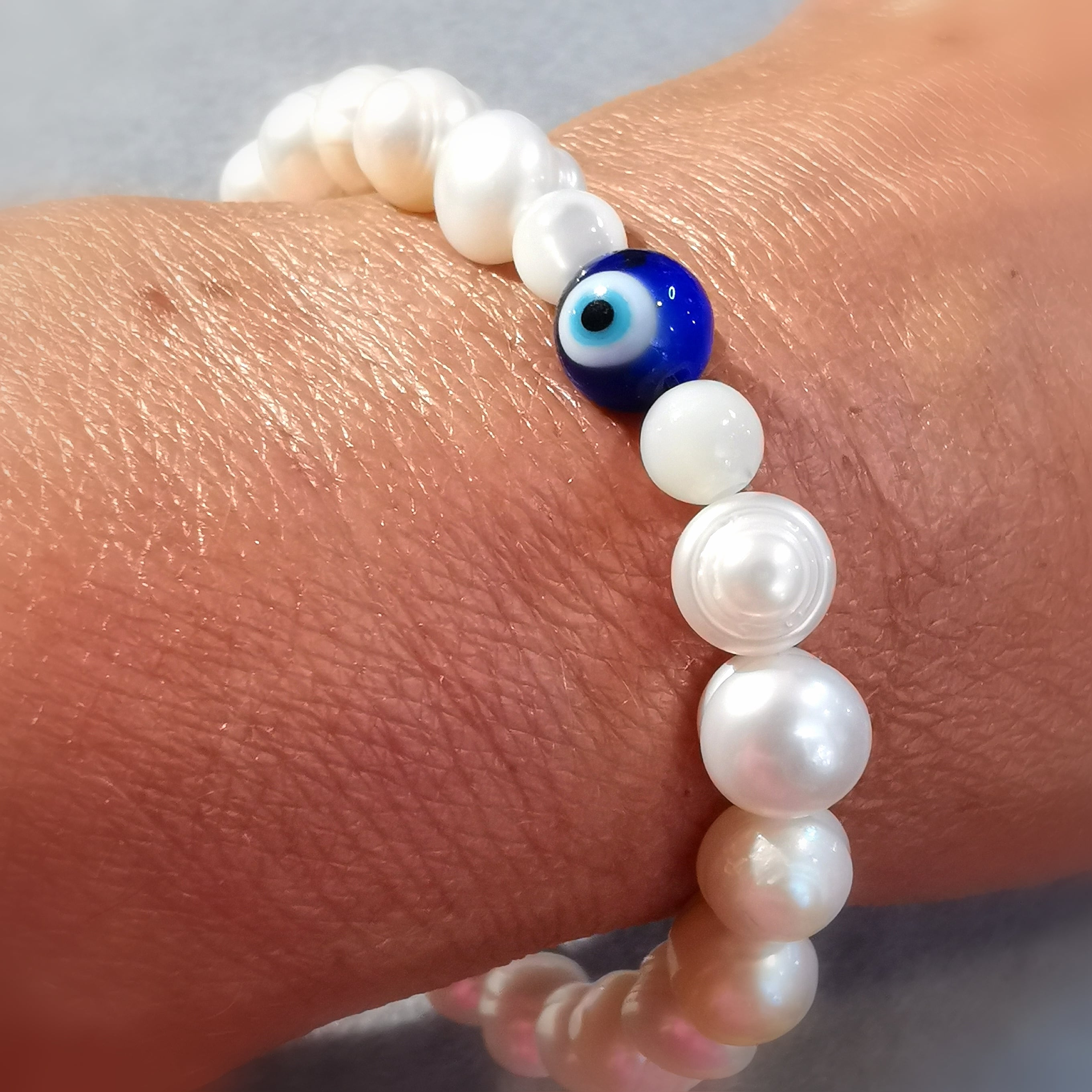 Perle Auge Perlmutt türkisches Auge, Auge von Nazar Edelstein Heilstein Karma Armband, geweiht, Schutz und Lebensfreude