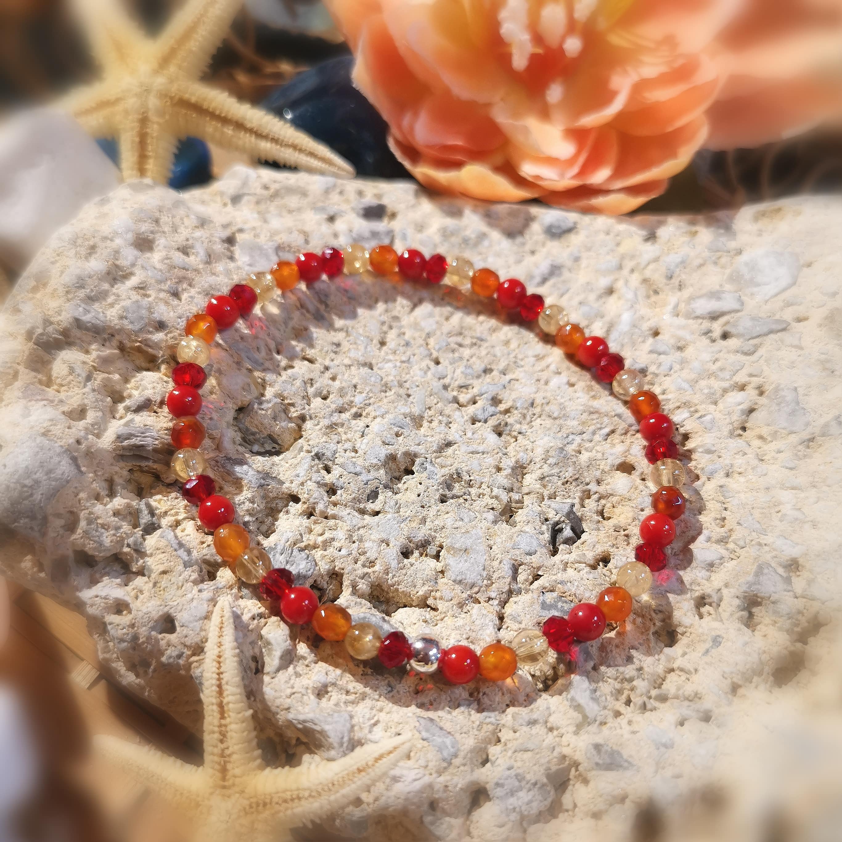 Koralle Kristall Karneol Glücksachat Gold Beryll Karma Armband, love peace happiness, geweiht, Liebe und Lebenslust