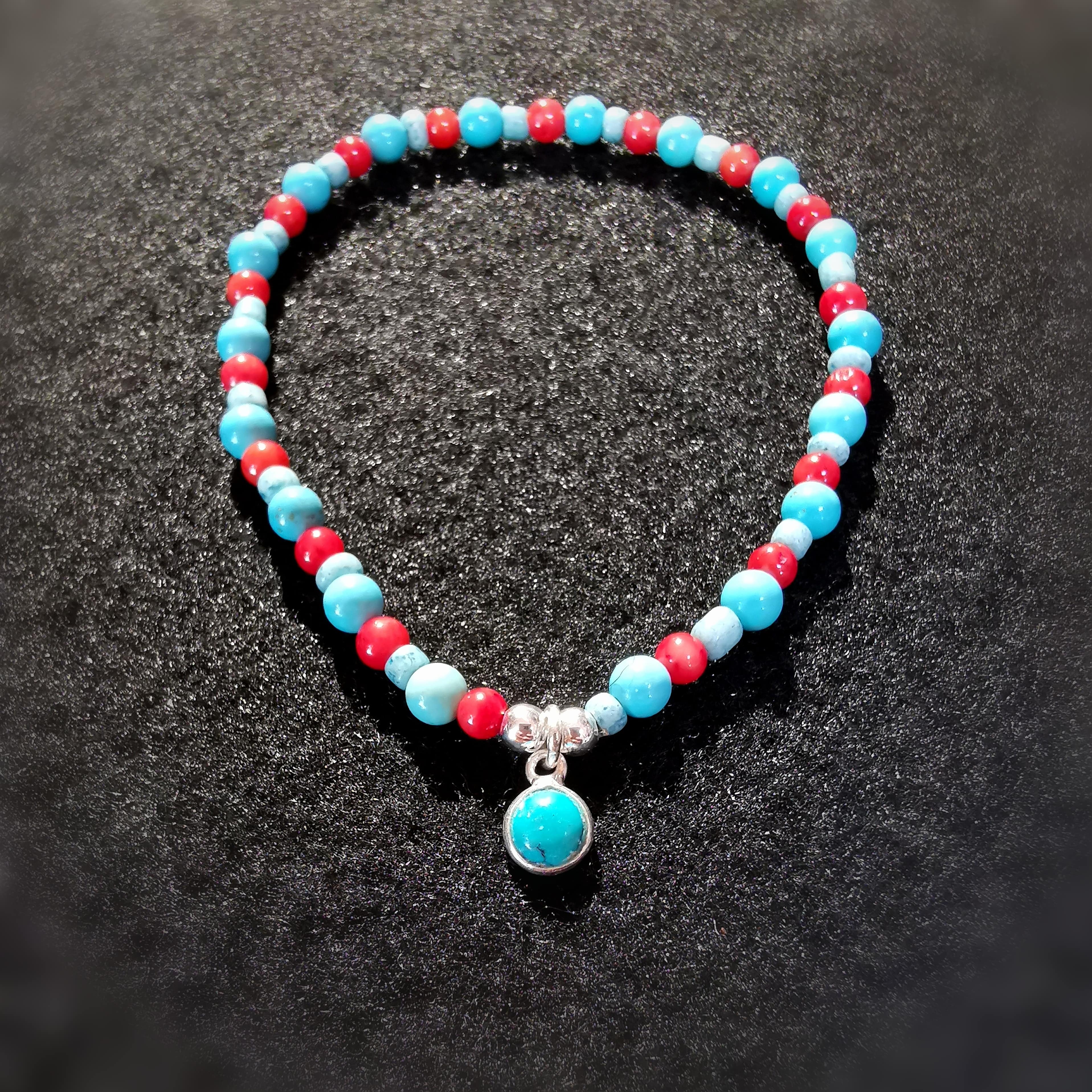 Tibetan Turquoise Red Coral Turquoise Howlite, Karma Charm Bracelet Consecrated, Aura Chakra Jewelry, Power and Freedom