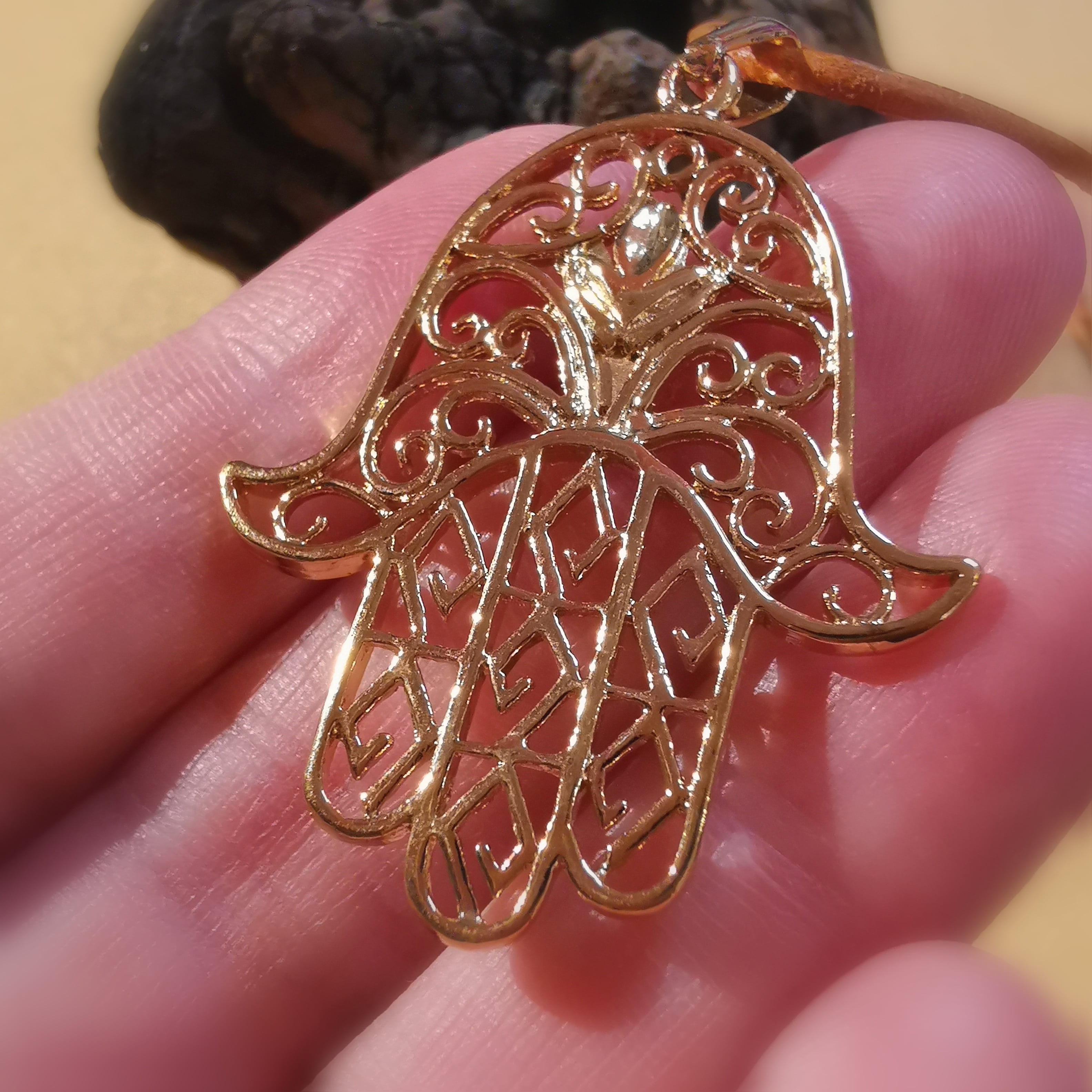 Heilende Hand, Hand Fatimas, Schutz und Gesundheit: Boho Leder Kette, Messing, das Leben feiern
