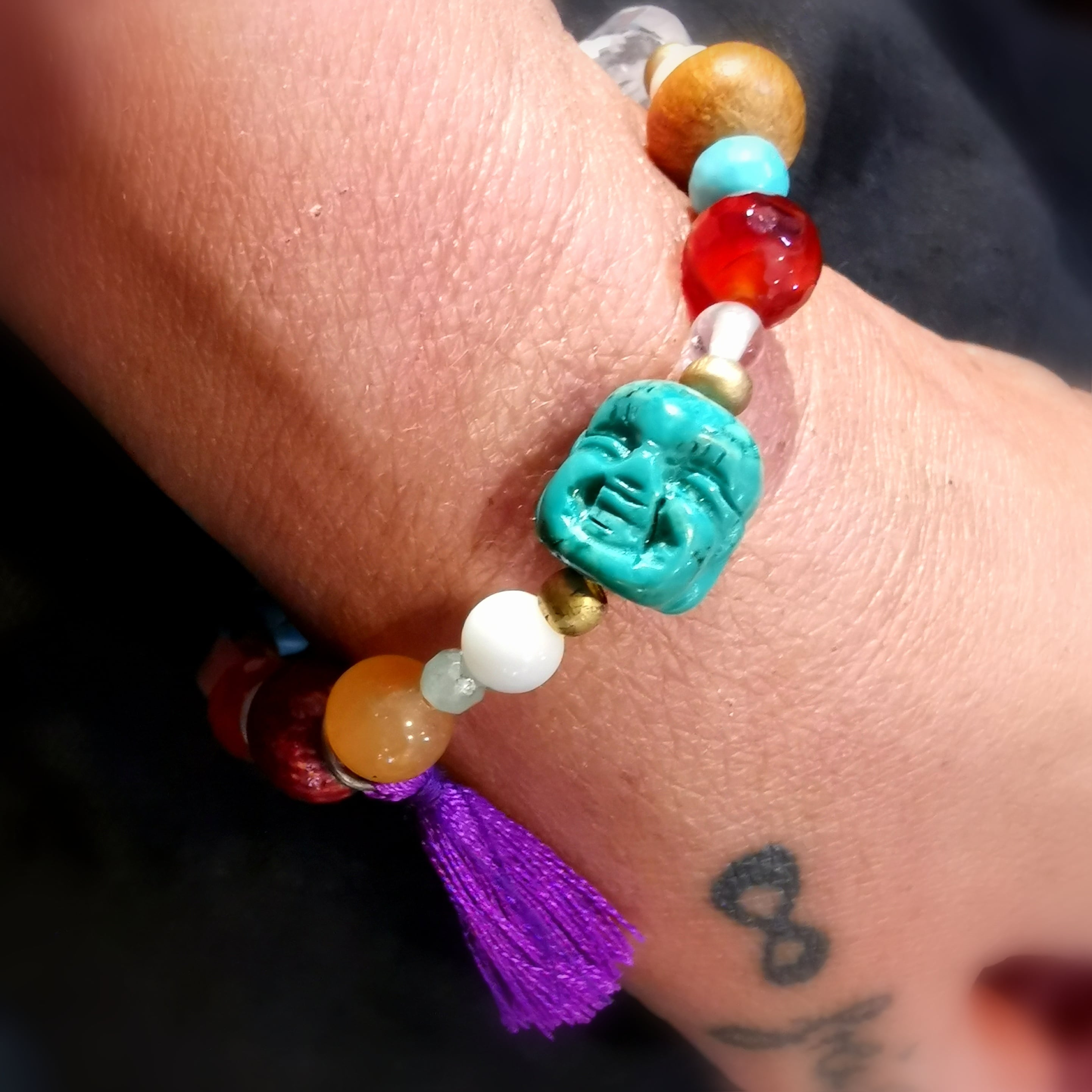 Schutzgeist Beschützer Karma Armband, Edelstein Heilstein Holz Mix, Aura Chakra Schmuck, Energie und Freude