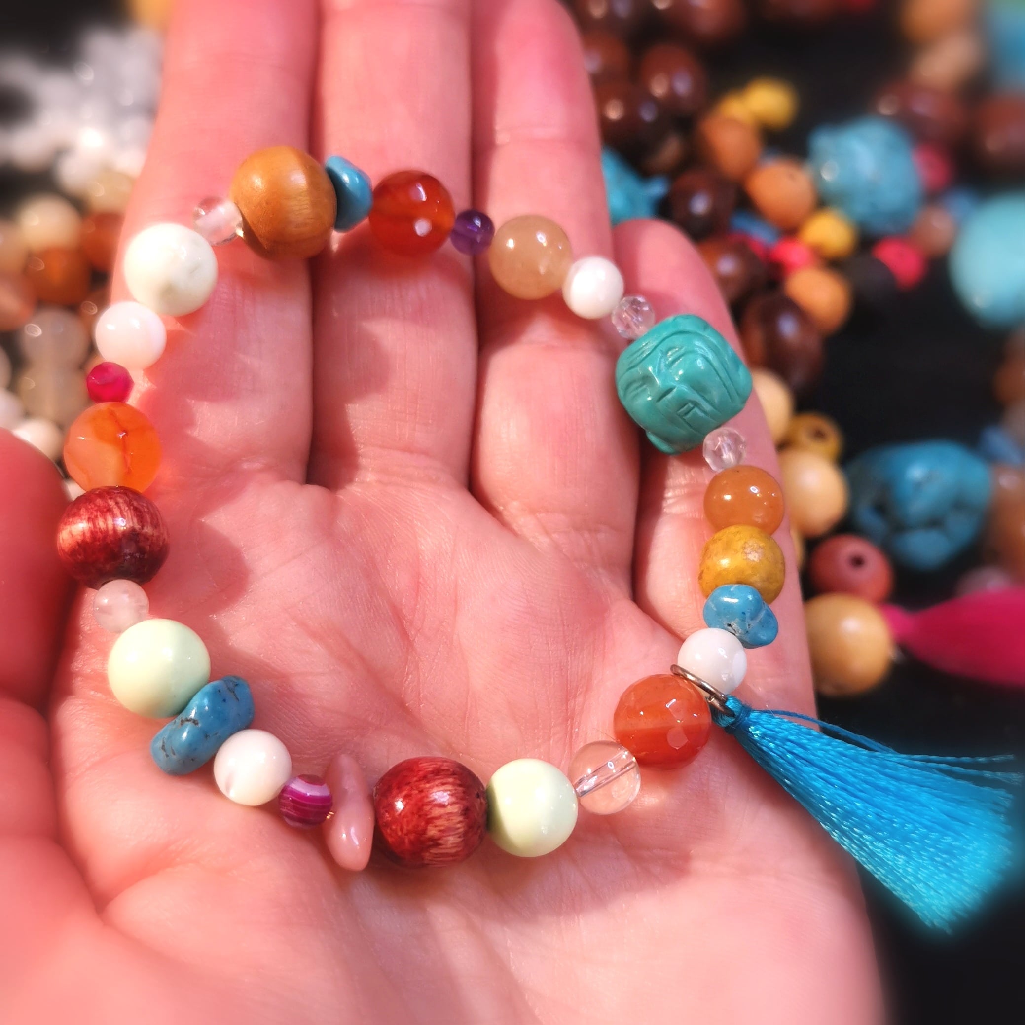 Schutzgeist Beschützer Karma Armband, Edelstein Heilstein Holz Mix, Aura Chakra Schmuck, das Leben geniessen