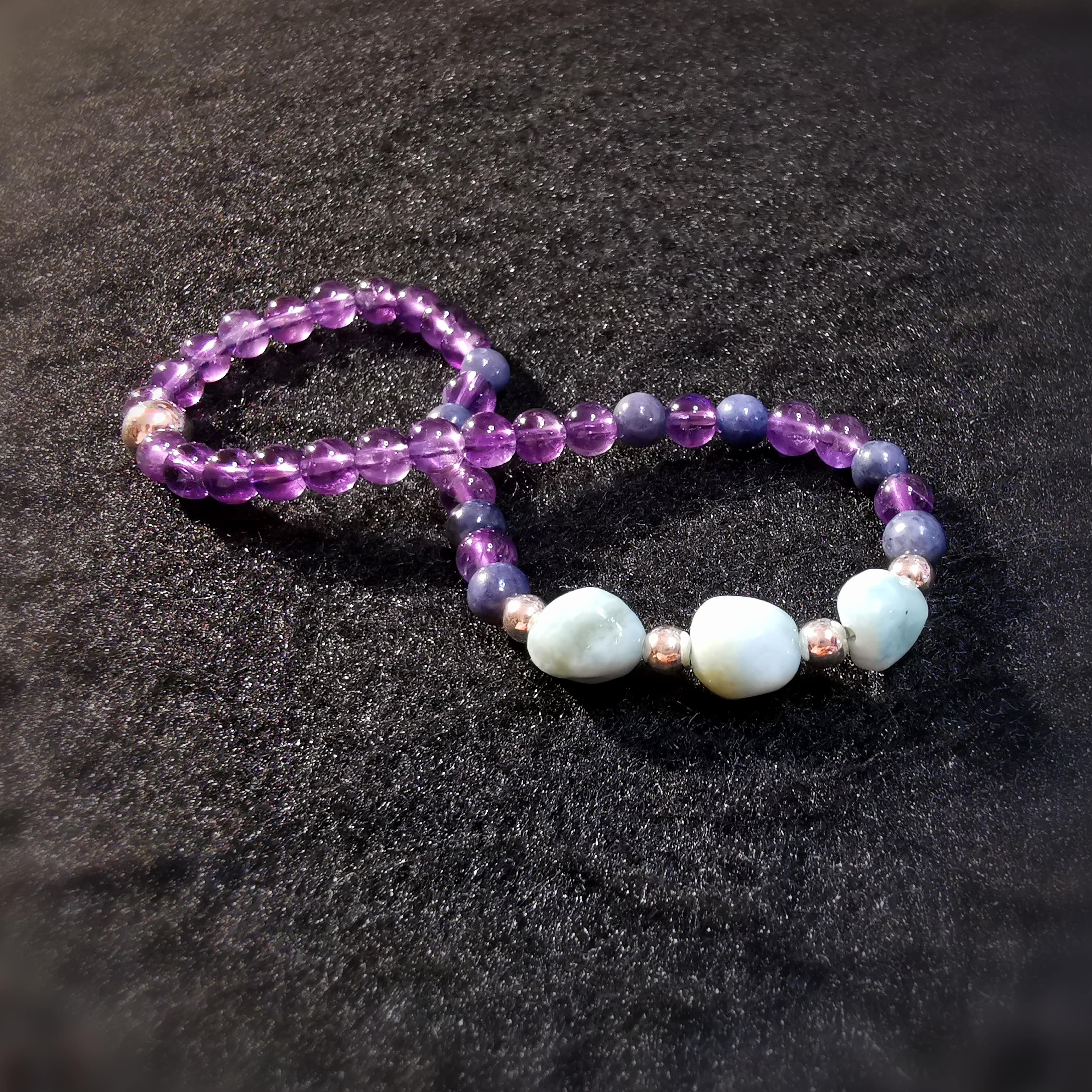 Larimar Saphir Amethyst Edelsteine in Harmonie, Heilstein Karma Chakra Armband, geweiht, Intuition - Vertrauen - Leichtigkeit