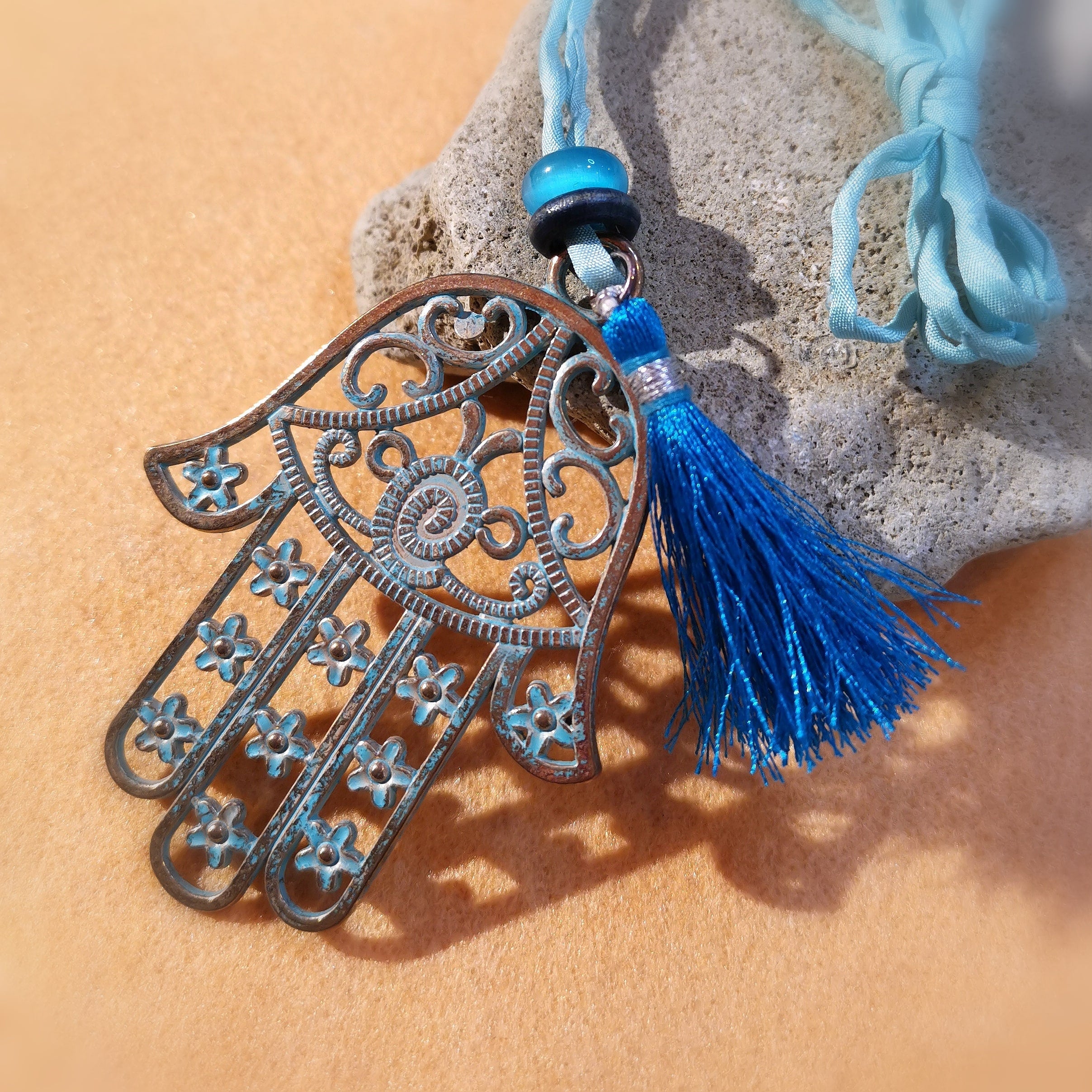 Heilende Hand Fatimas: Boho Seide Bijou Kette XL, Messing, Murano Glas,, das Leben feiern