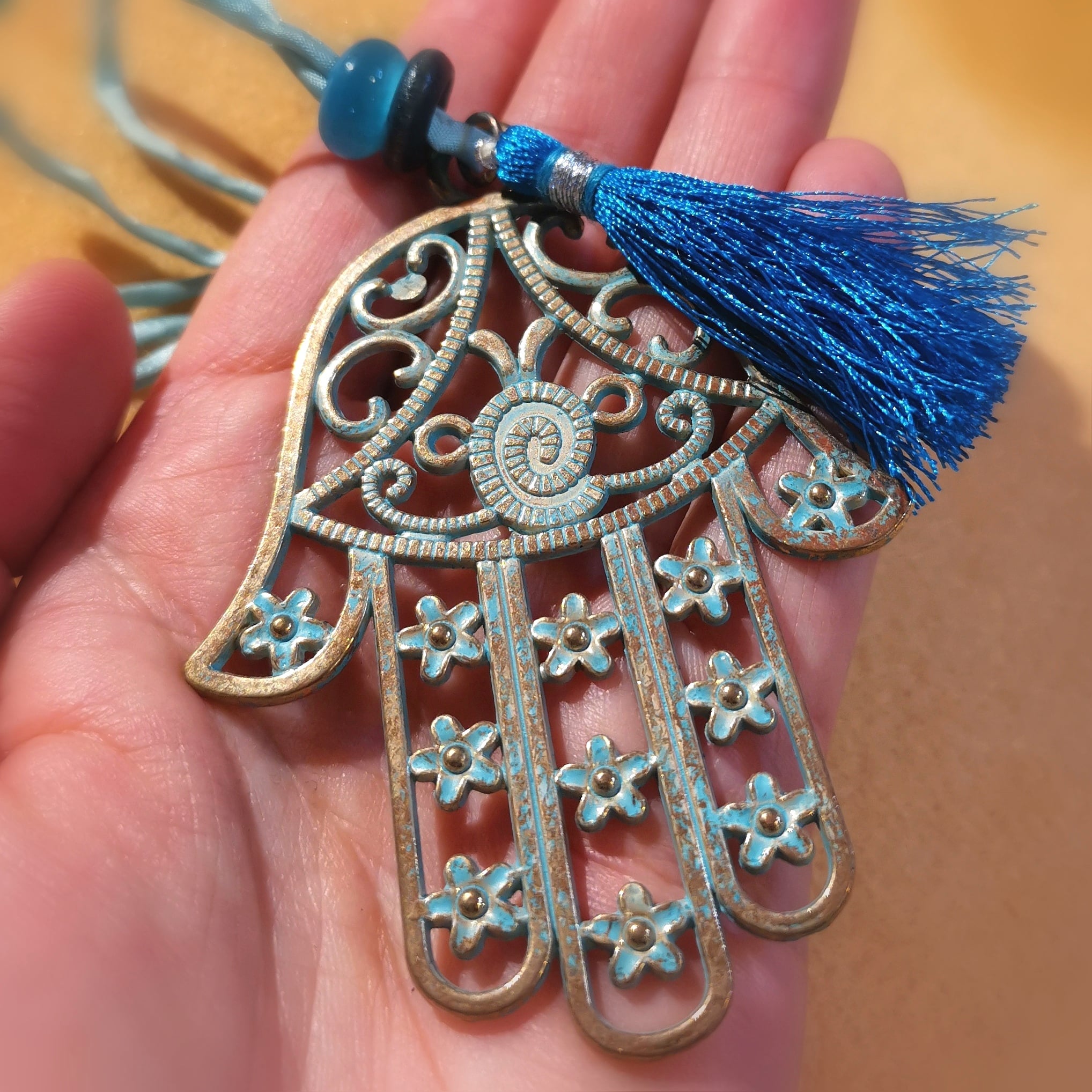 Heilende Hand Fatimas: Boho Seide Bijou Kette XL, Messing, Murano Glas,, das Leben feiern