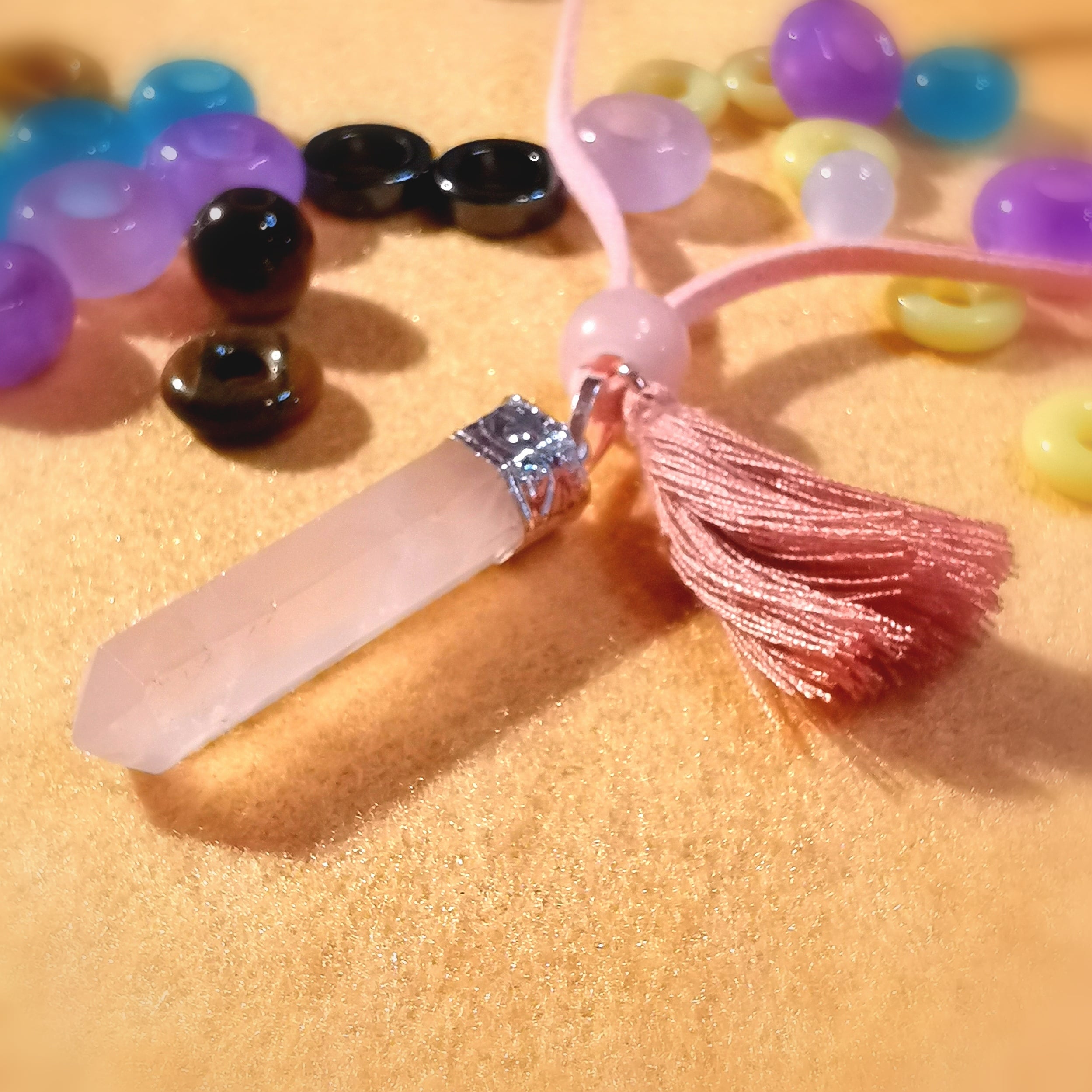 Rosenquarz Stift Stab Hippie Karma Kette, Heilstein für Liebe und Harmonie