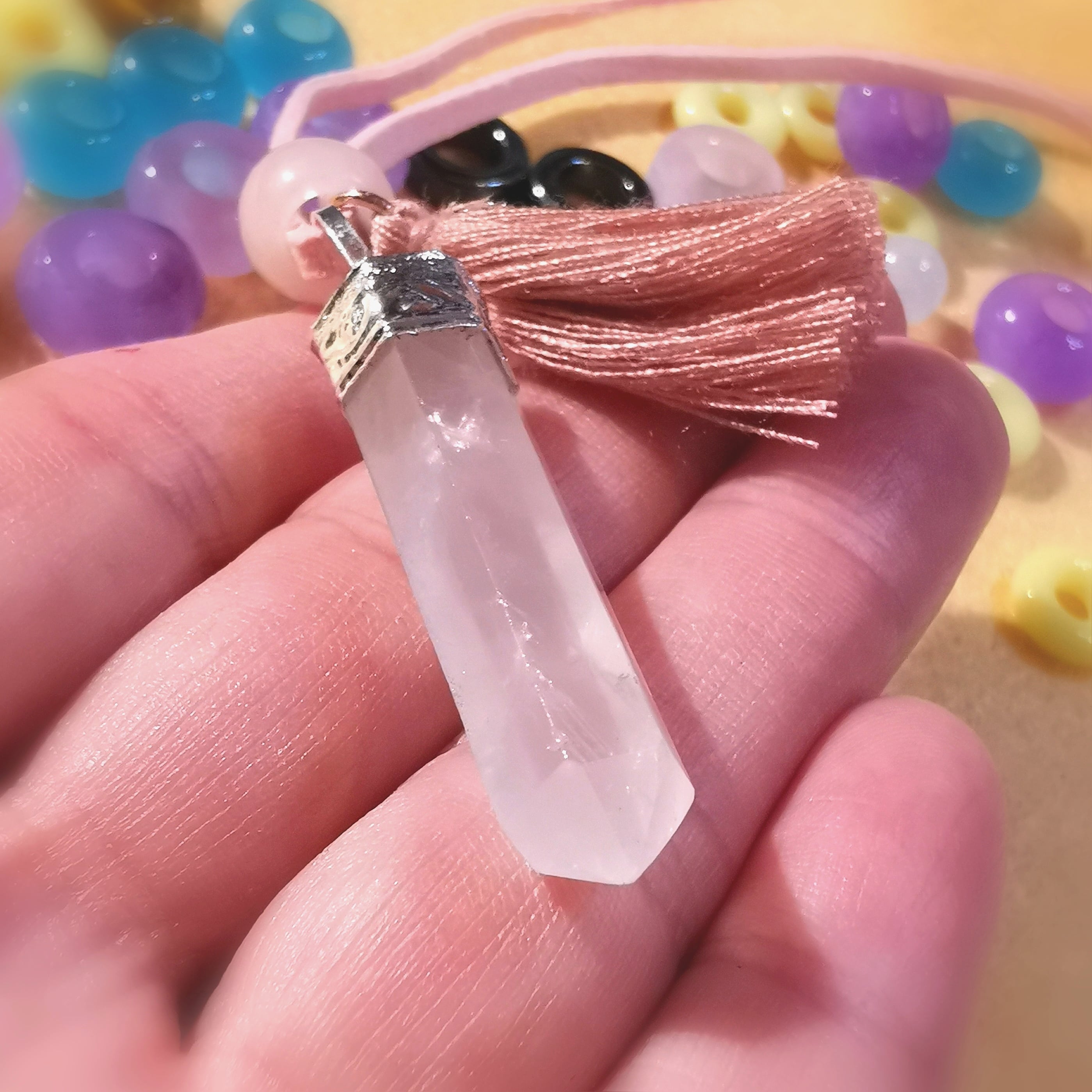 Rosenquarz Stift Stab Hippie Karma Kette, Heilstein für Liebe und Harmonie