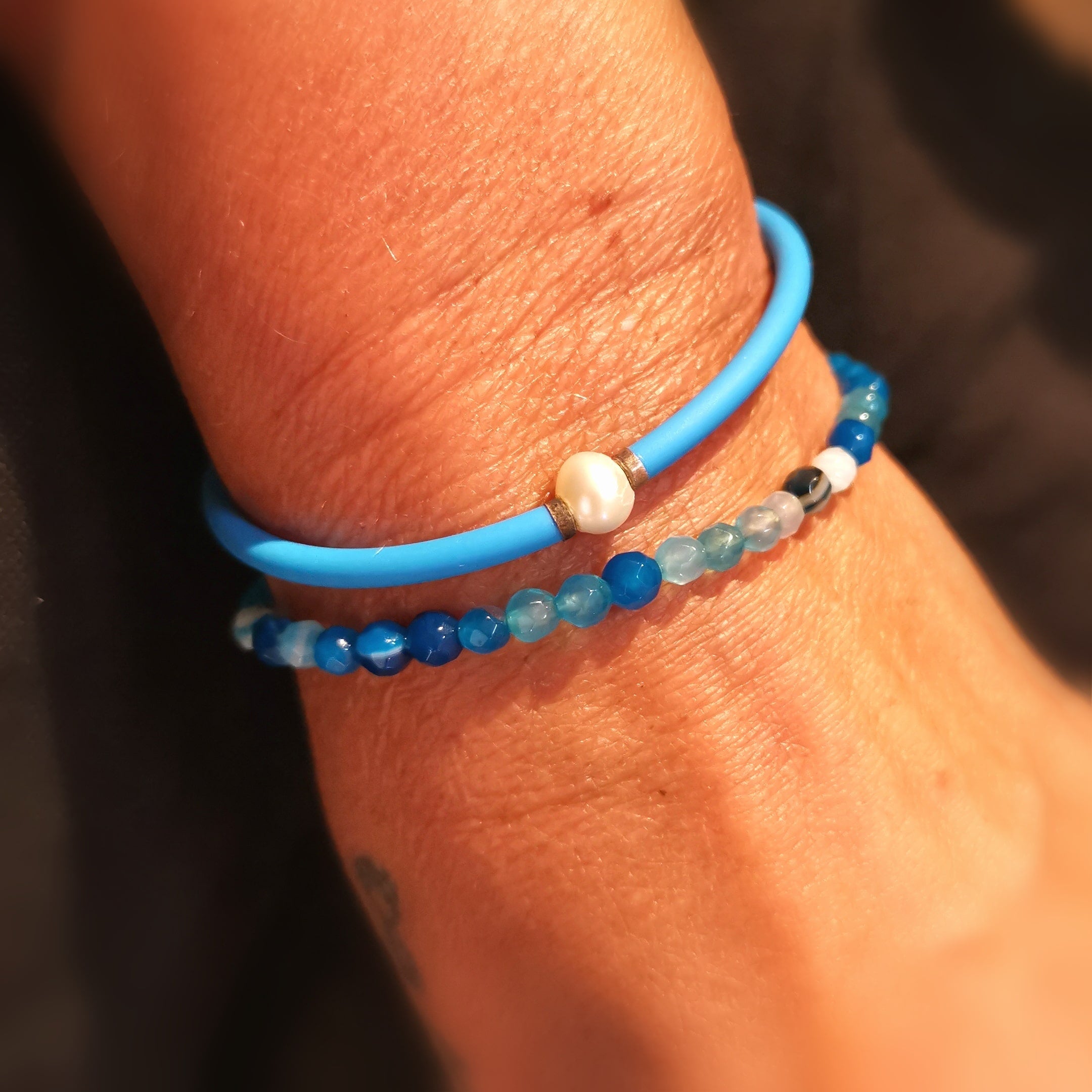 Armband Set Blau Türkis, Achat Perle Kautschuk Boho Hippie, geweiht, "endlich Durchatmen