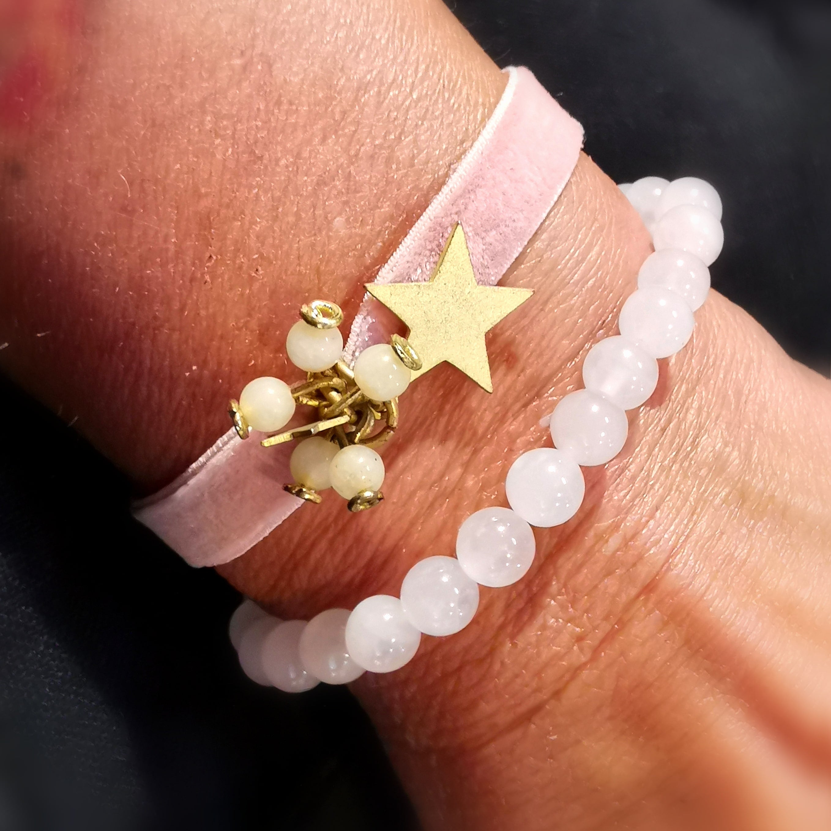 Rosenquarz Samt Armband Glücksstern Set Ton in Ton, Karma Edelstein Heilstein Schmuck, Sanftheit Stern