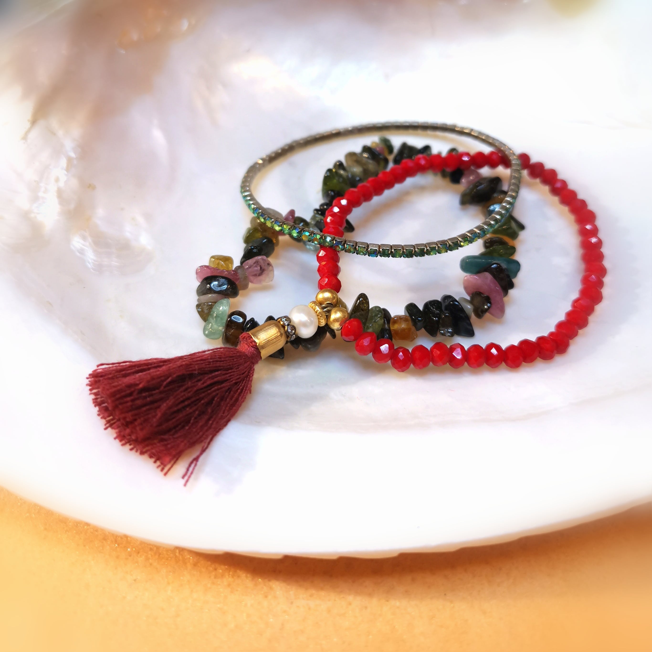 Boho Edelstein Armband 3er Set, Turmalin Heilstein schwarz grün rot bunt, Kristalle, geweiht, Lebenskraft für neue Wege