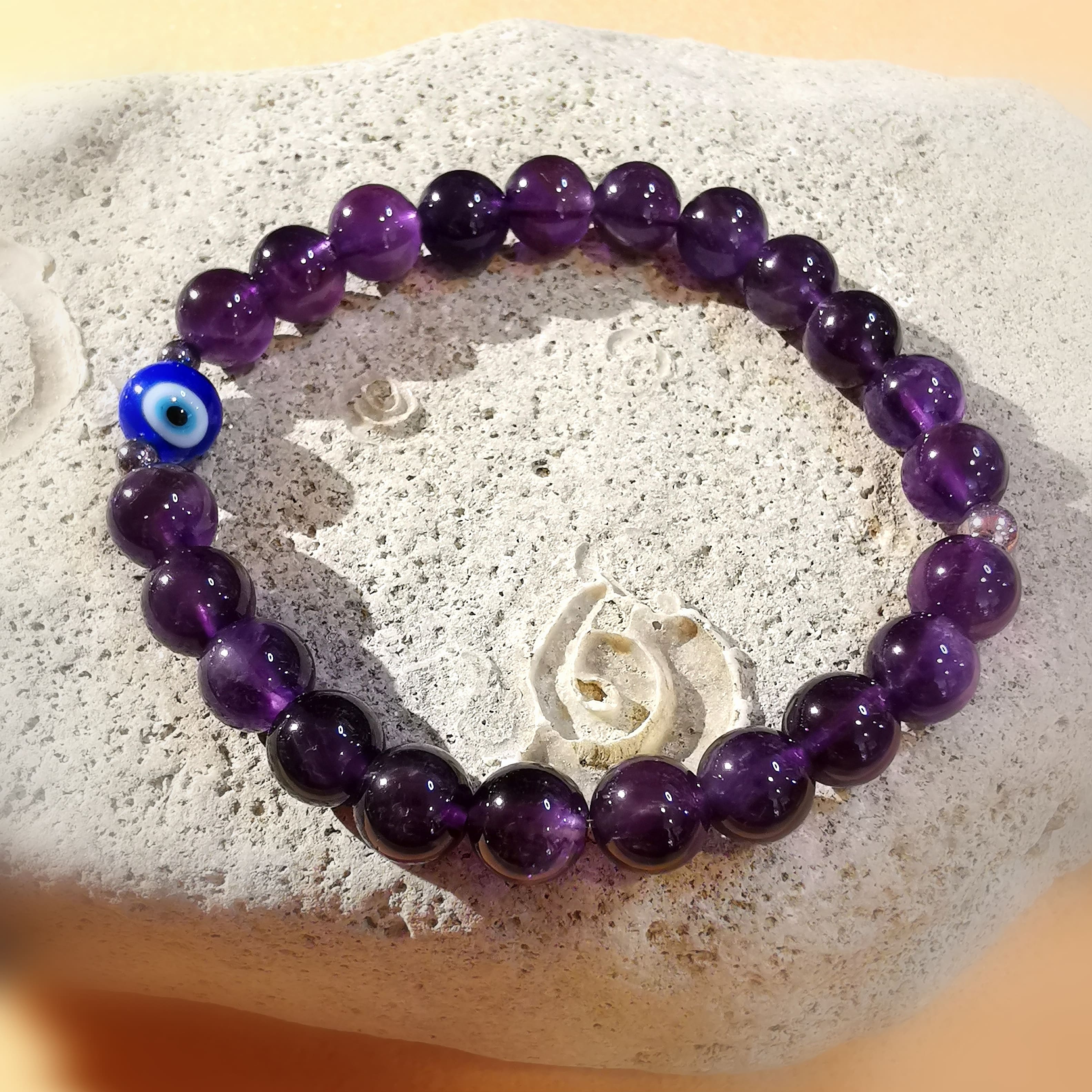Pulsera de karma de piedra curativa de piedra preciosa de calidad AA de amatista con Ojo de Nazar, consagrada - protección e intuición