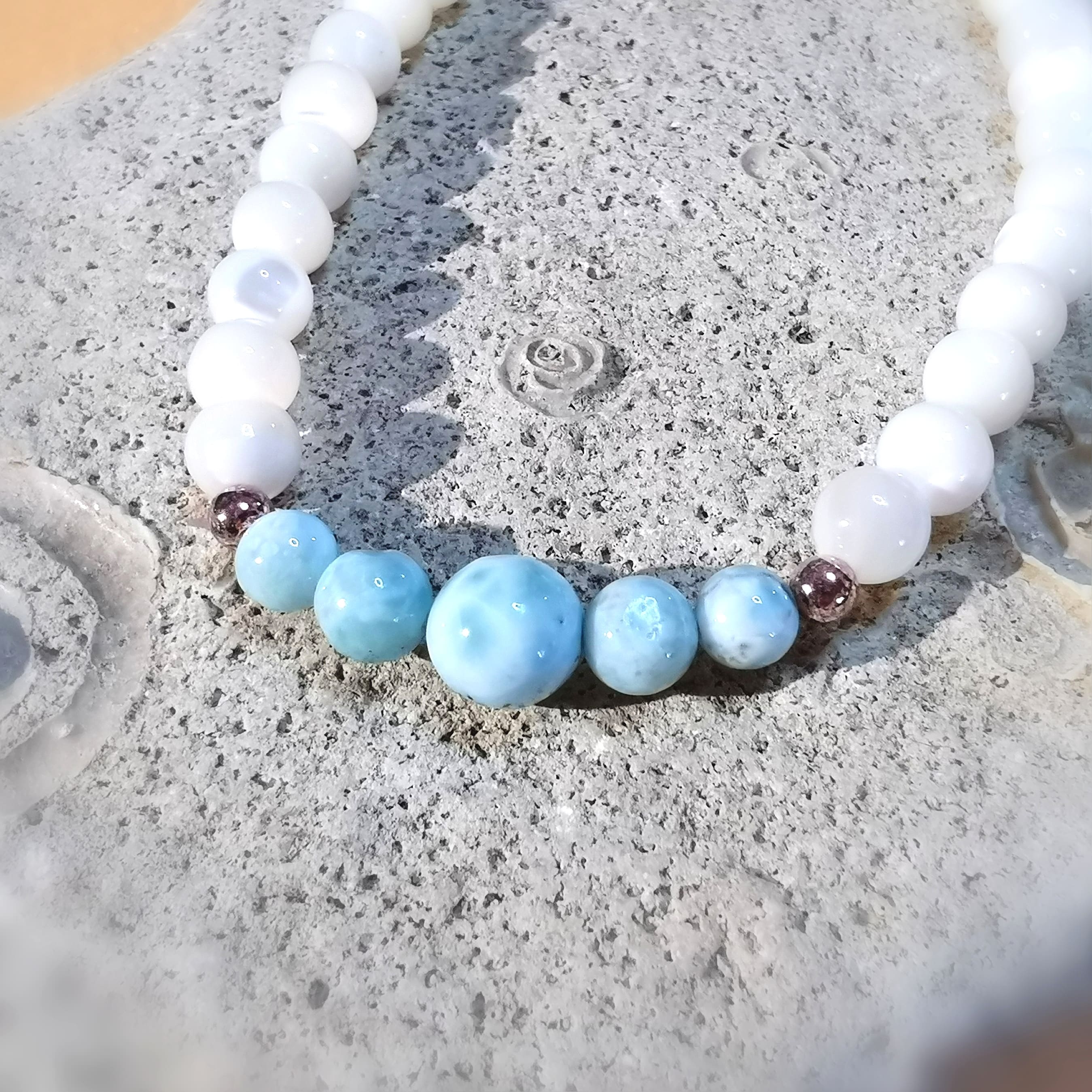 Larimar Perlmutt Heilstein Edelstein Karma Armband, geweiht, Aura Chakra Reinigung und Kraft, wundervolles Leben