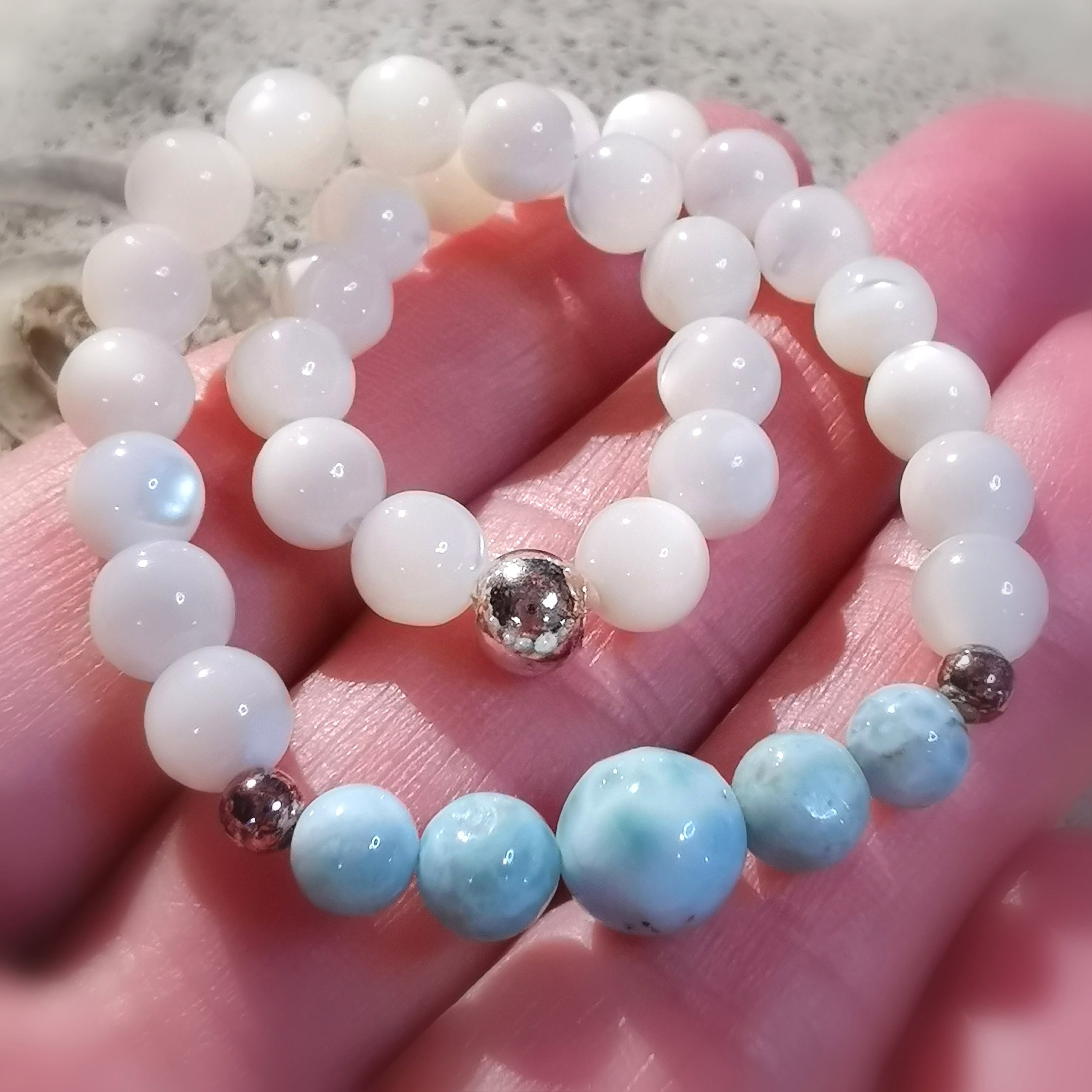 Larimar Perlmutt Heilstein Edelstein Karma Armband, geweiht, Aura Chakra Reinigung und Kraft, wundervolles Leben