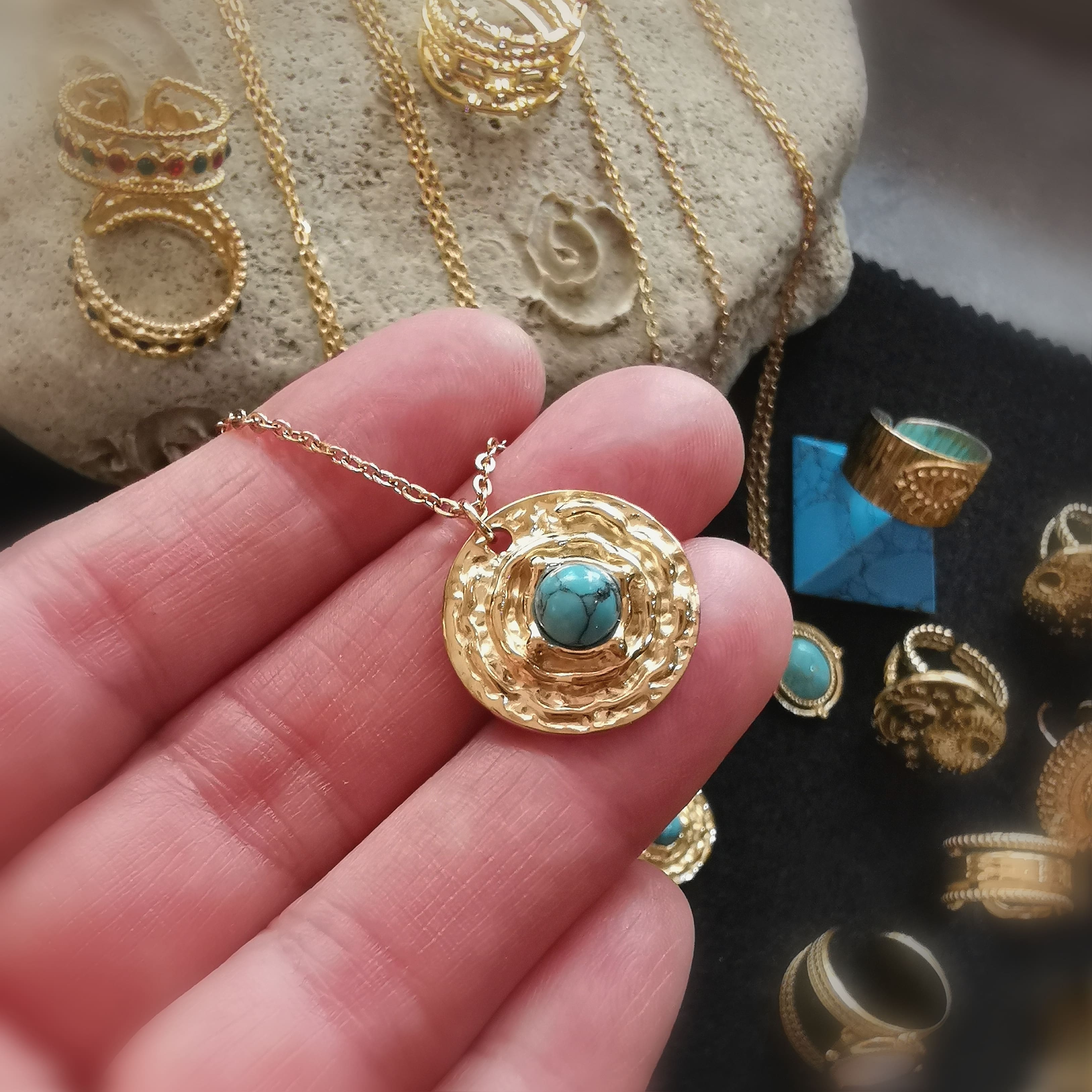 Howlith Türkis Lebenskreis Edelstein Heilstein, Boho Gold Karma Schmuck geweiht, neue Kraft