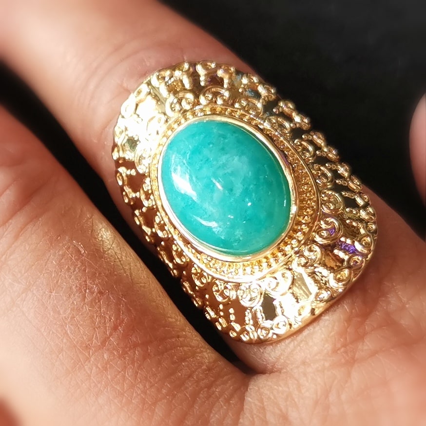 Amazonit Edelstein Heilstein Ring, Boho Gold Karma Schmuck geweiht, Erleichterung