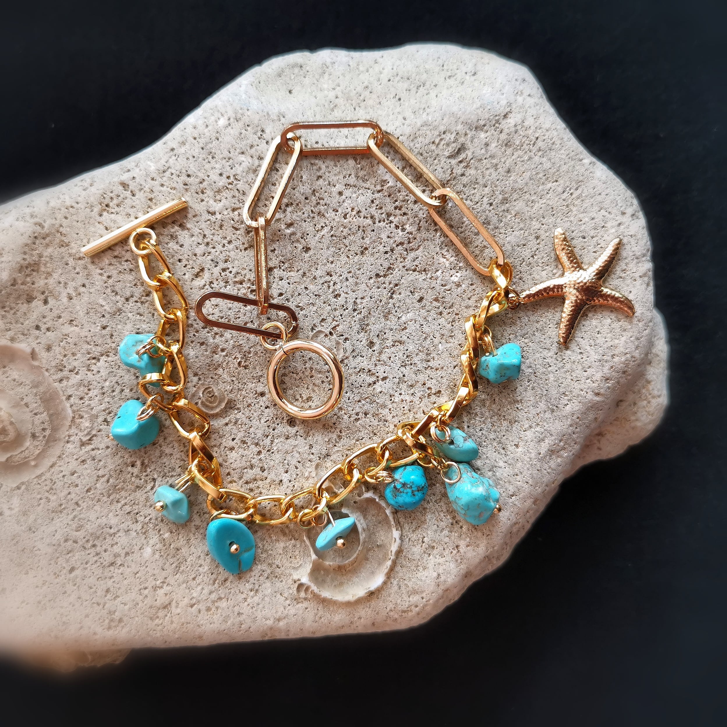 Seestern Howlith Türkis Edelstein Heilstein Armband / Fußkettchen, Boho Gold Karma Schmuck geweiht, Wunder