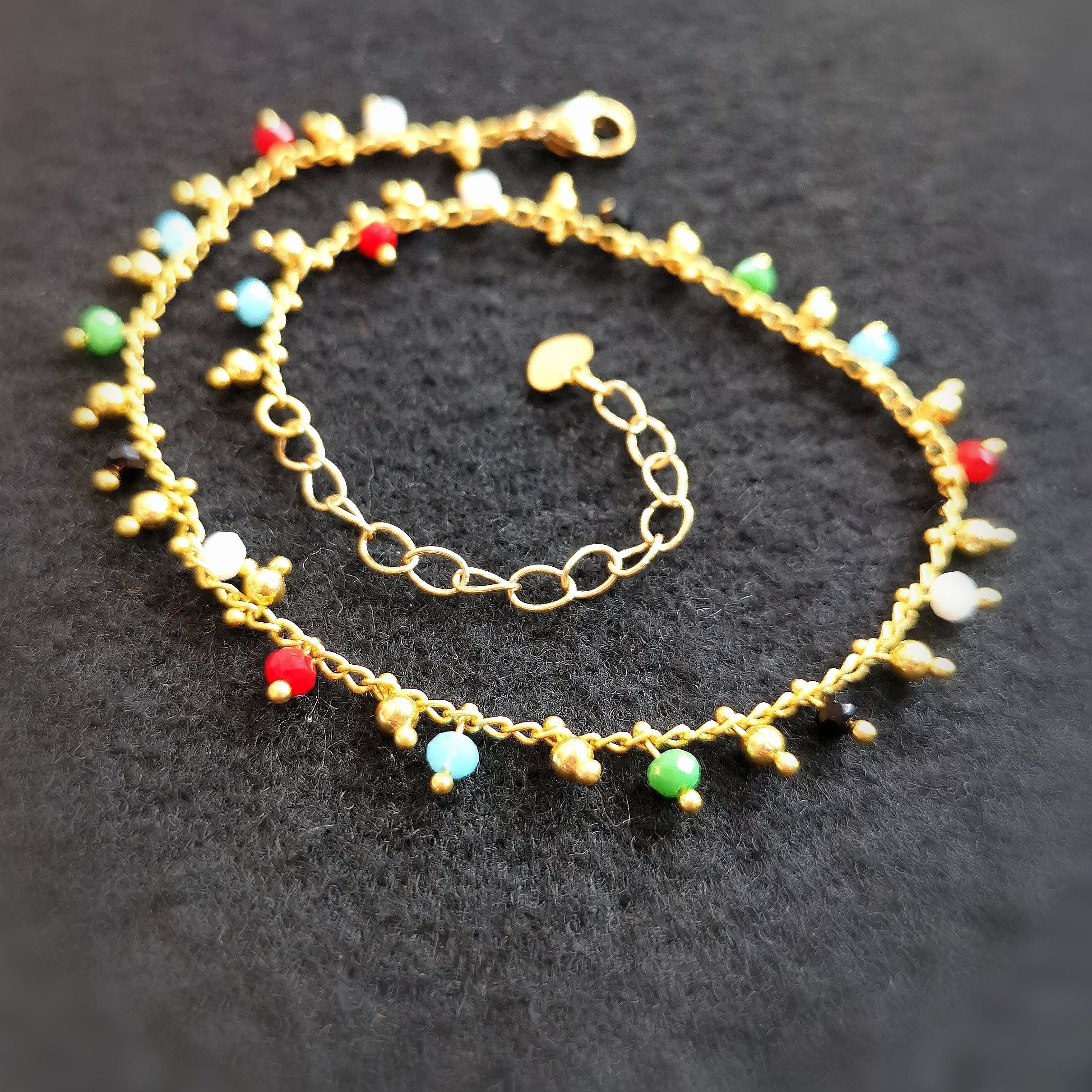 Fußkettchen mit bunten Achat Edelstein Karma Glücksbringer, vergoldet