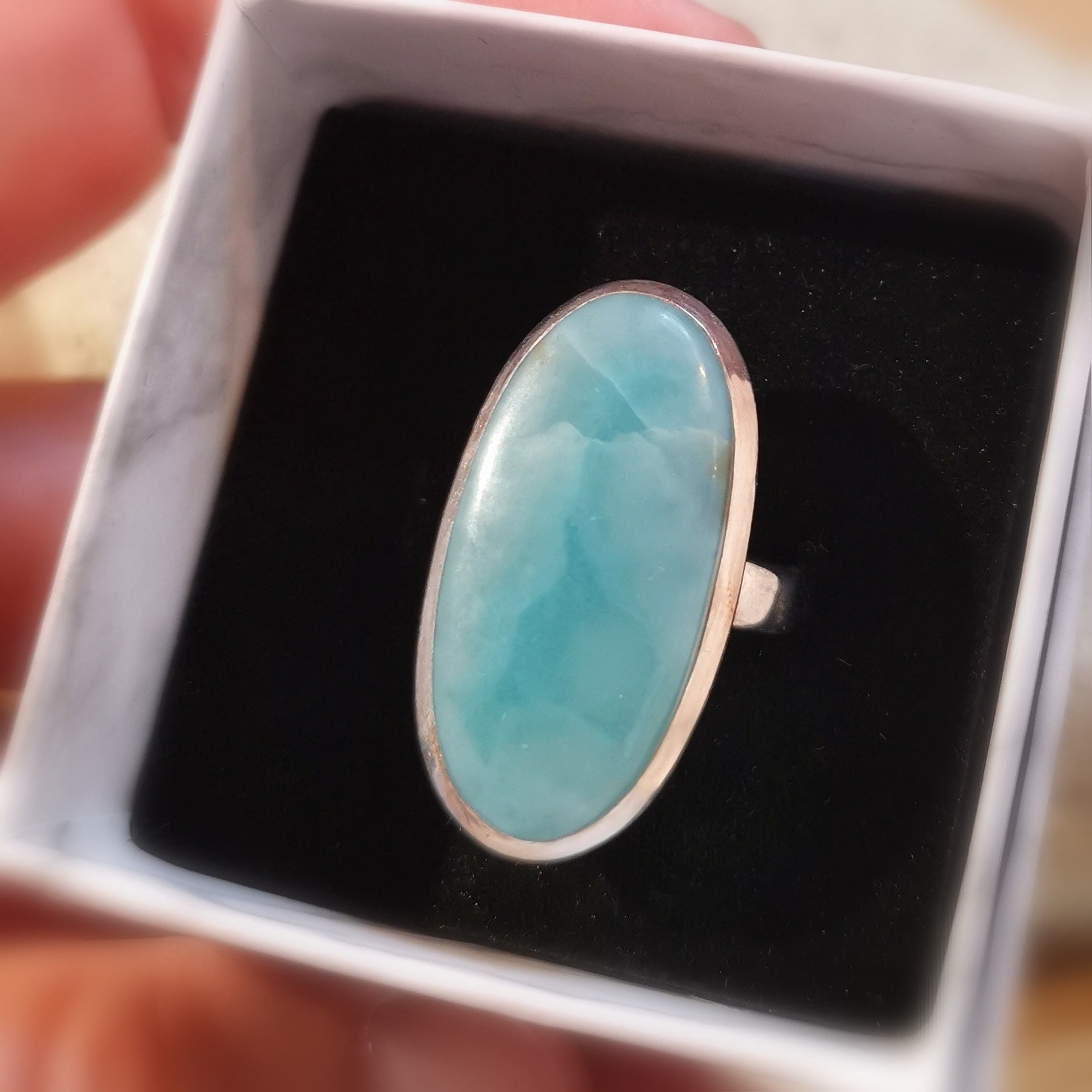 Larimar Edelstein Heilstein Ring Sterlingsilber Größe 56 - 59 verstellbar, geweiht - Vertrauen