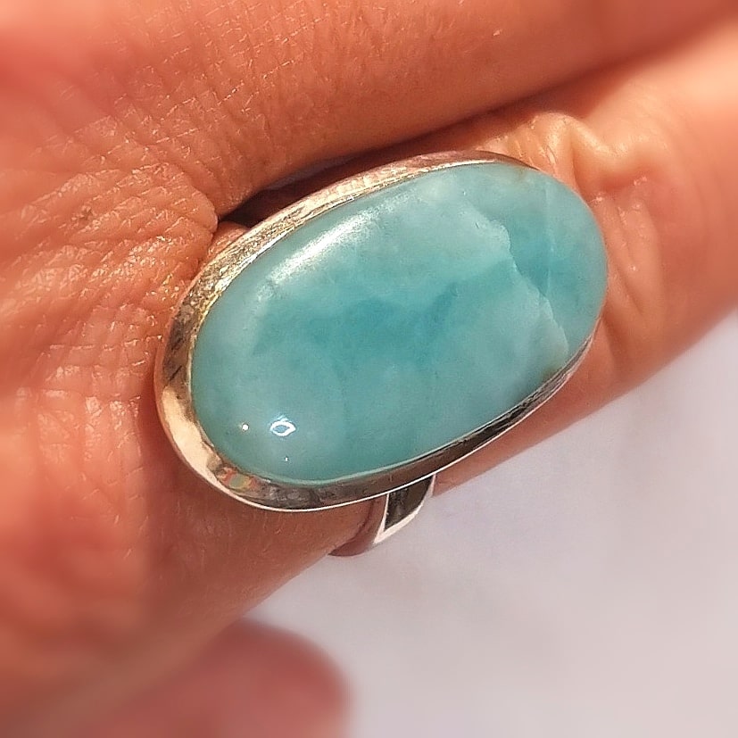 Larimar Edelstein Heilstein Ring Sterlingsilber Größe 56 - 59 verstellbar, geweiht - Vertrauen