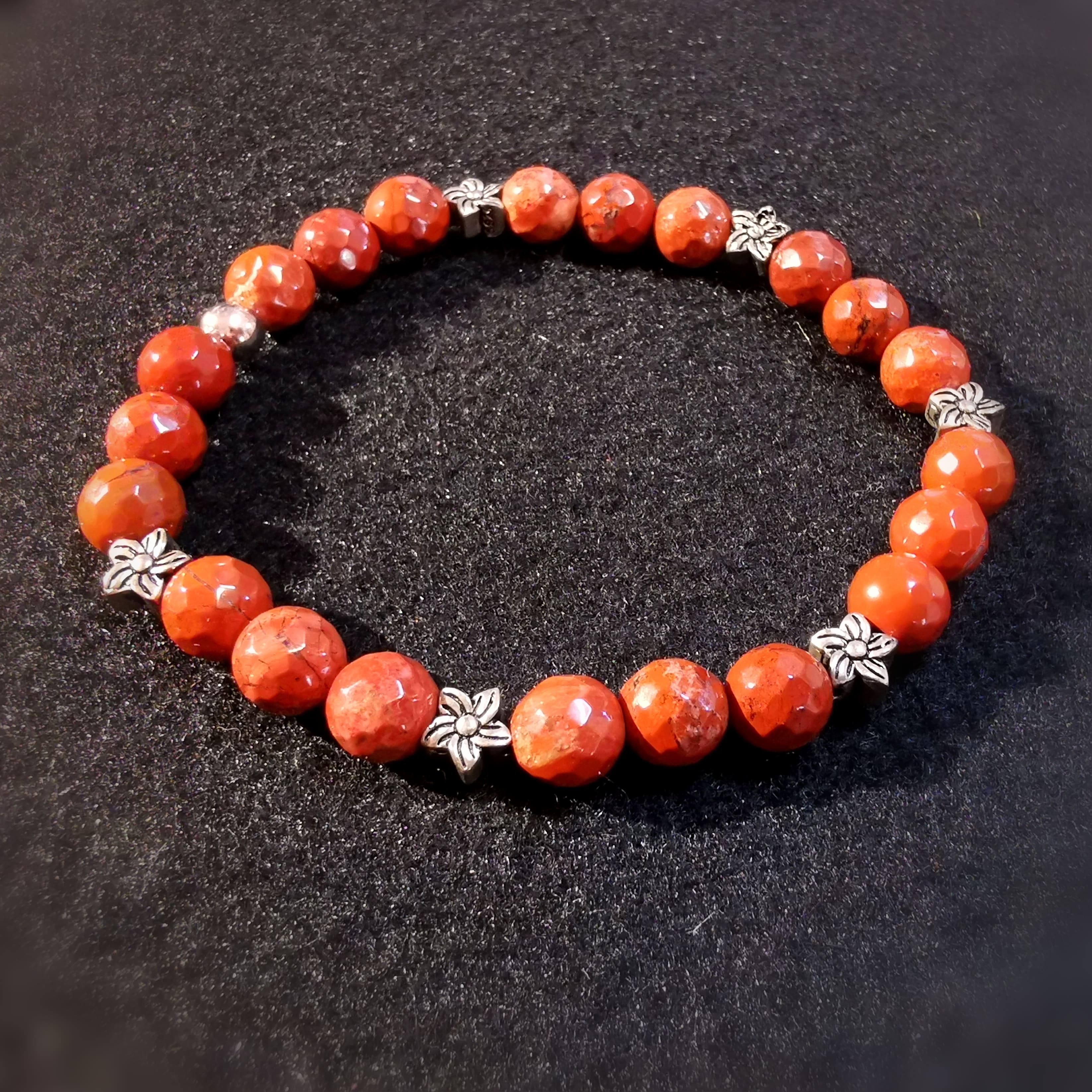 Jaspis Edelstein Karma Armband, Hibiskus Blüten Sterlingsilber, geweiht - Wurzelchakra Kraft und Ausdauer