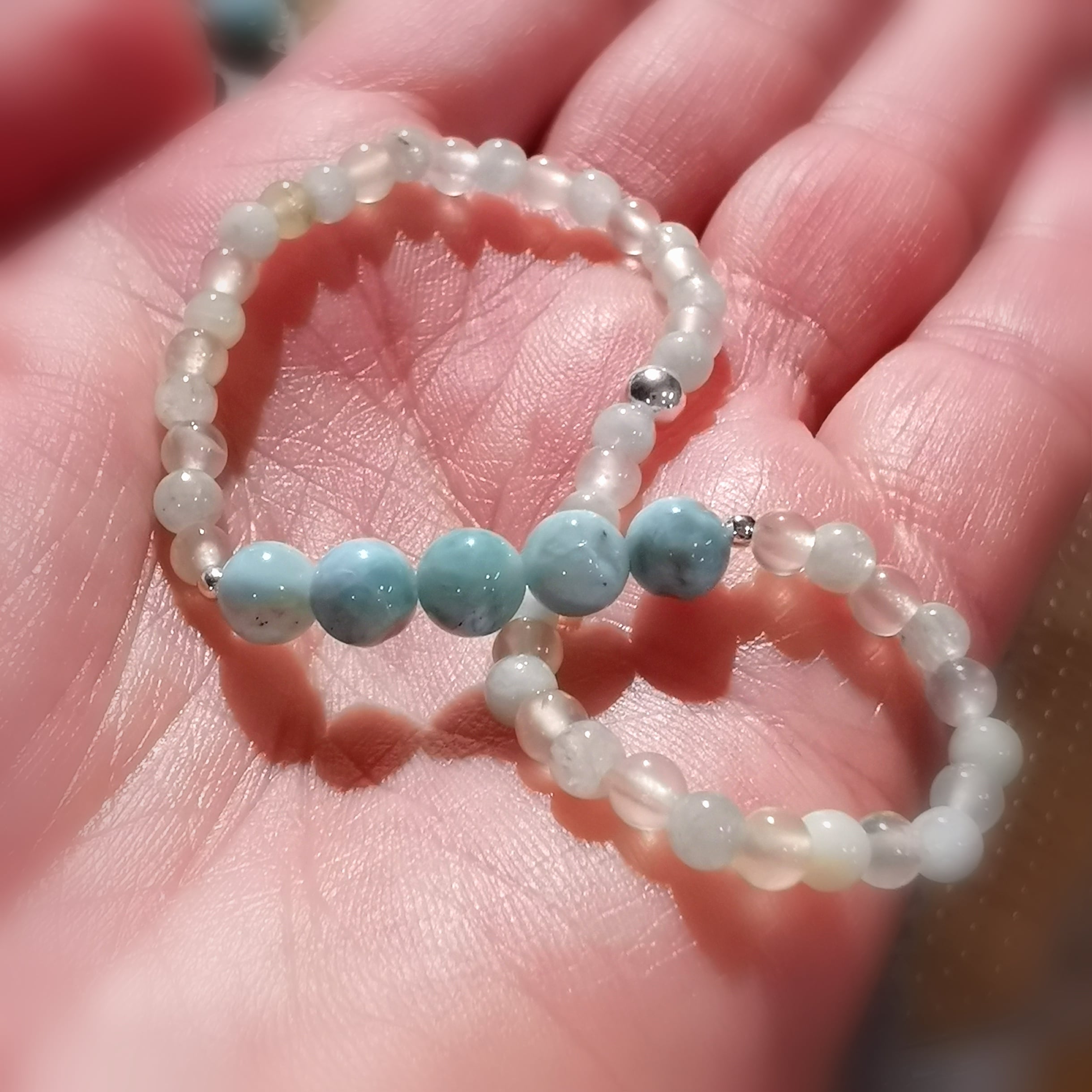 Larimar Aquamarin Jade Heilstein Edelstein Karma Armband, geweiht - sanft und leicht