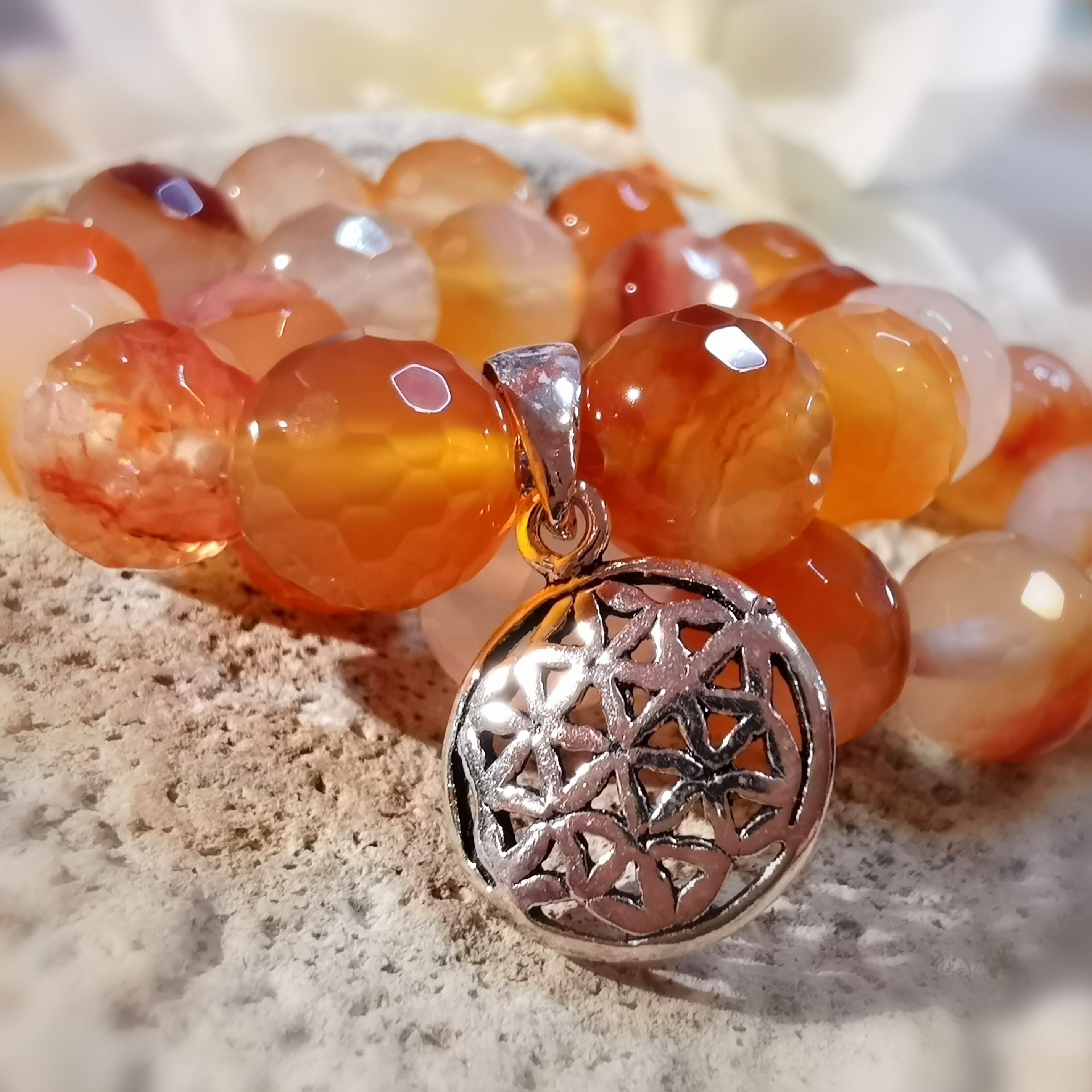 Lebensblume Glücksachat Carneol Karma Edelstein Armband, Sterlingsilber Amulett Charm, geweihte Chakra Heilsteine, Freude
