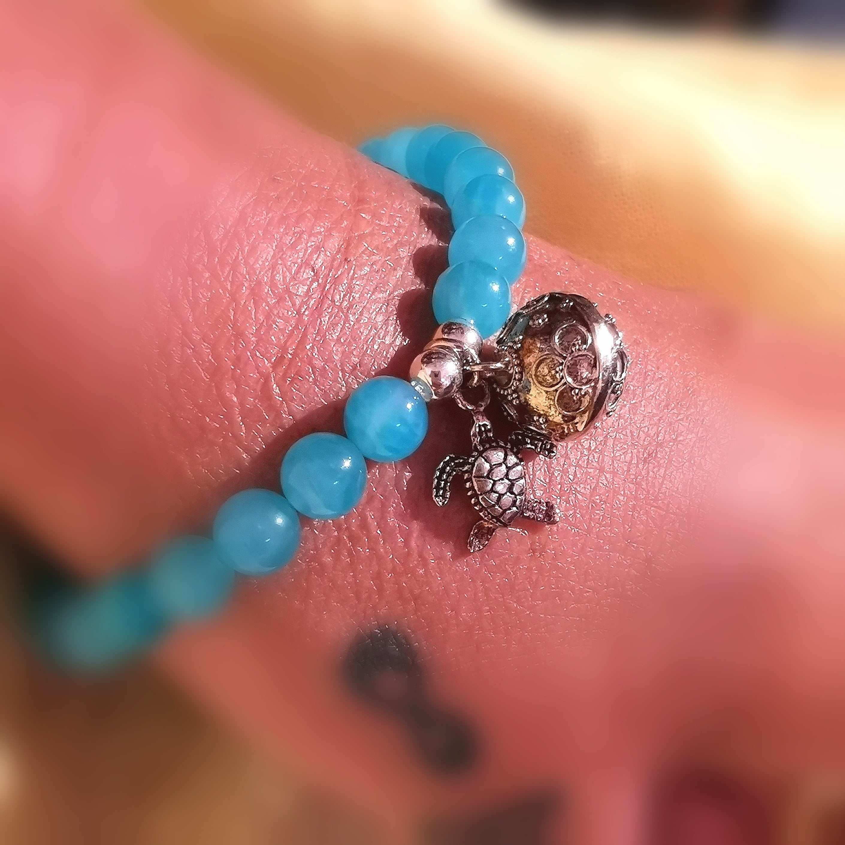 Engelsrufer Klangkugel Amazonit Edelstein Armband, Schildkröte Krafttier Karma Talisman, geweiht - Geduld und Freude