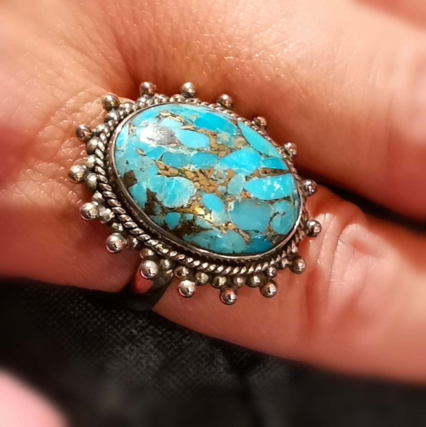 Türkis Pyrit Echtstein Heilstein Chakra Ring, Edelstein Karma Schmuck Bali Stil Sterlingsilber Ring - Größe verstellbar 55 - 58, neue Kraft