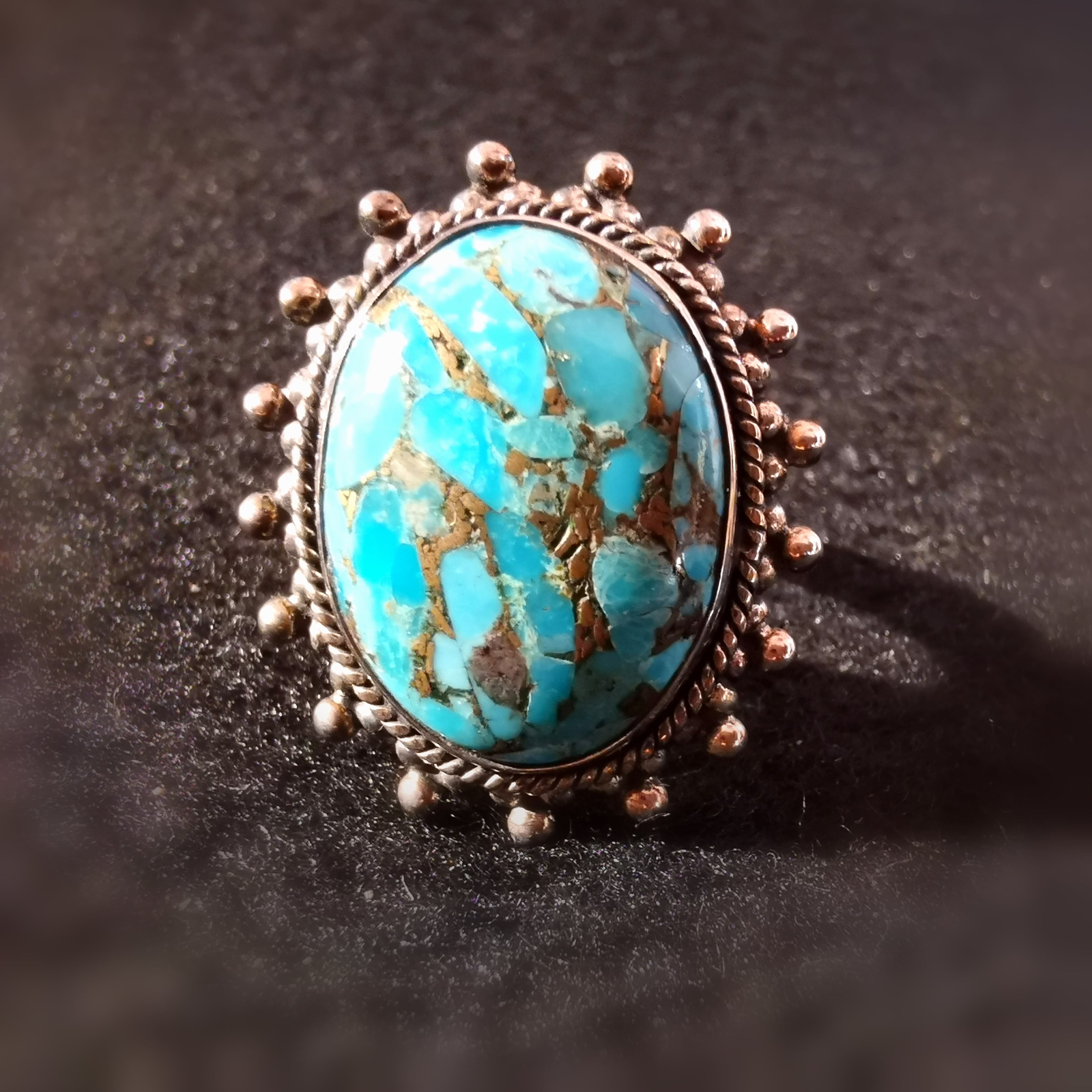 Türkis Pyrit Echtstein Heilstein Chakra Ring, Edelstein Karma Schmuck Bali Stil Sterlingsilber Ring - Größe verstellbar 55 - 58, neue Kraft