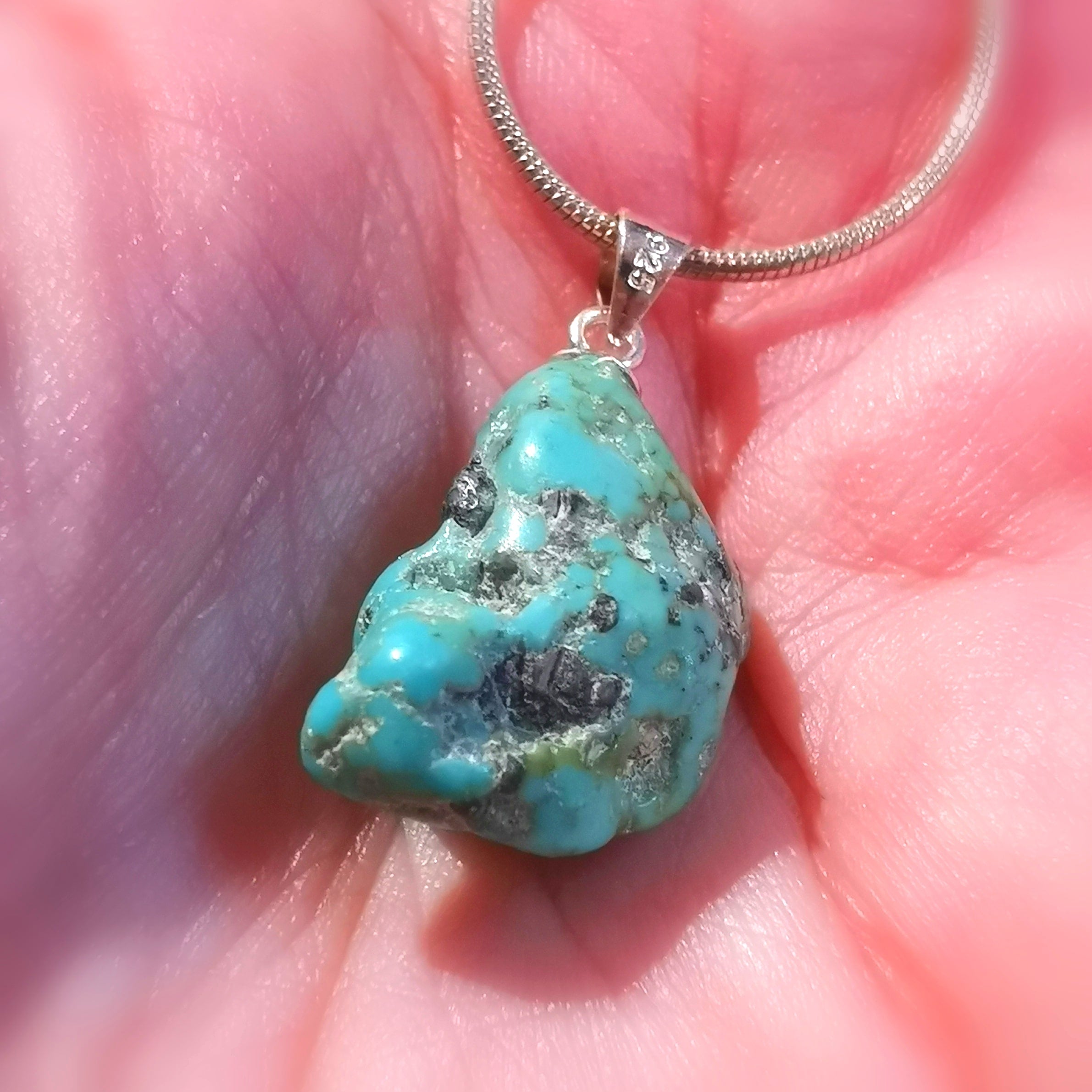 Tibet Türkis Sterlingsilber Schlangenkette, Edelstein Karma Kette 45 cm, Chakra Heilstein geweiht, Inspiration